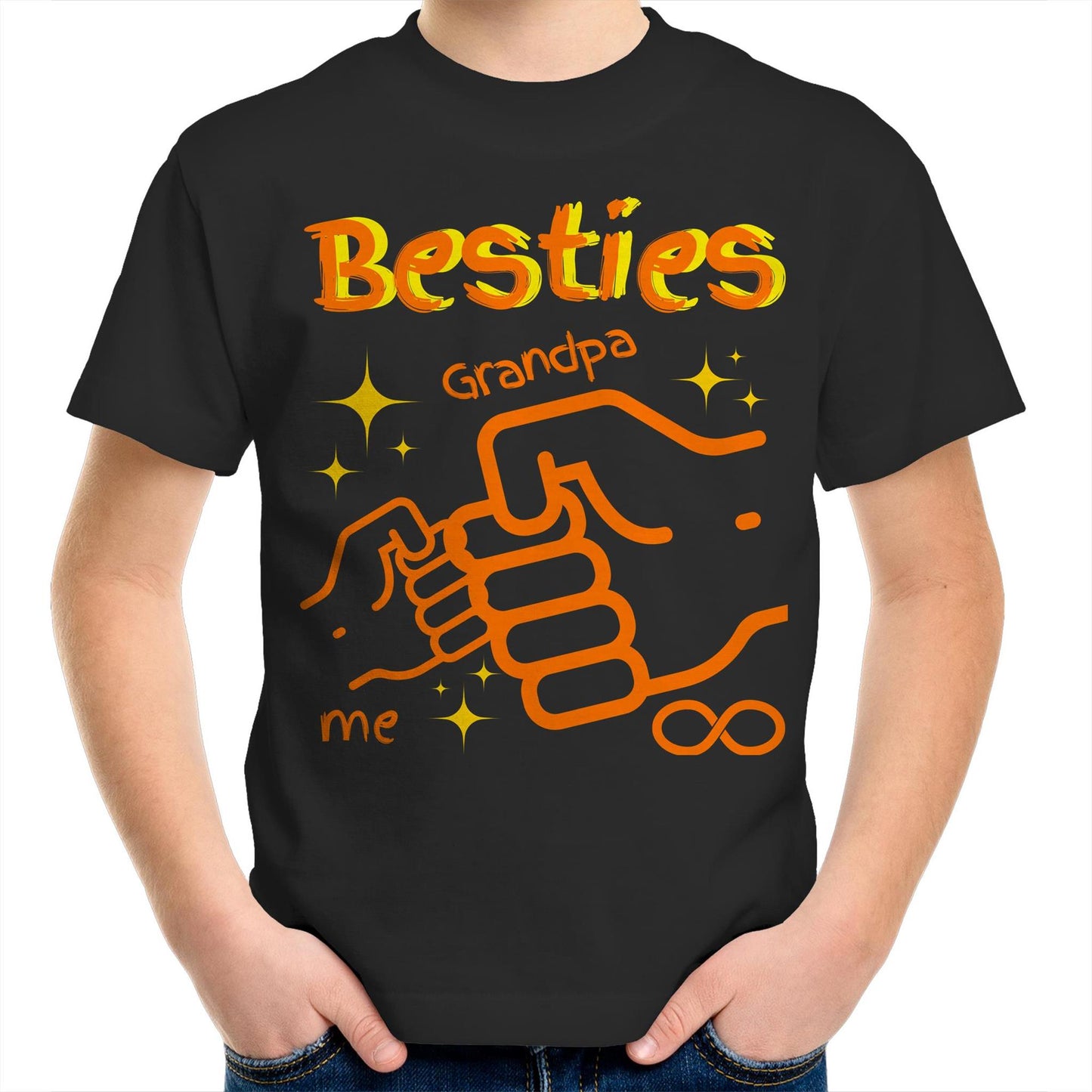 "Besties Me & Grandpa" Kids Youth Crew Cotton T-Shirt for Boys - Size 2, 4, 6, 8, 10, 12, 14 - Da Boss Mango AU - Black