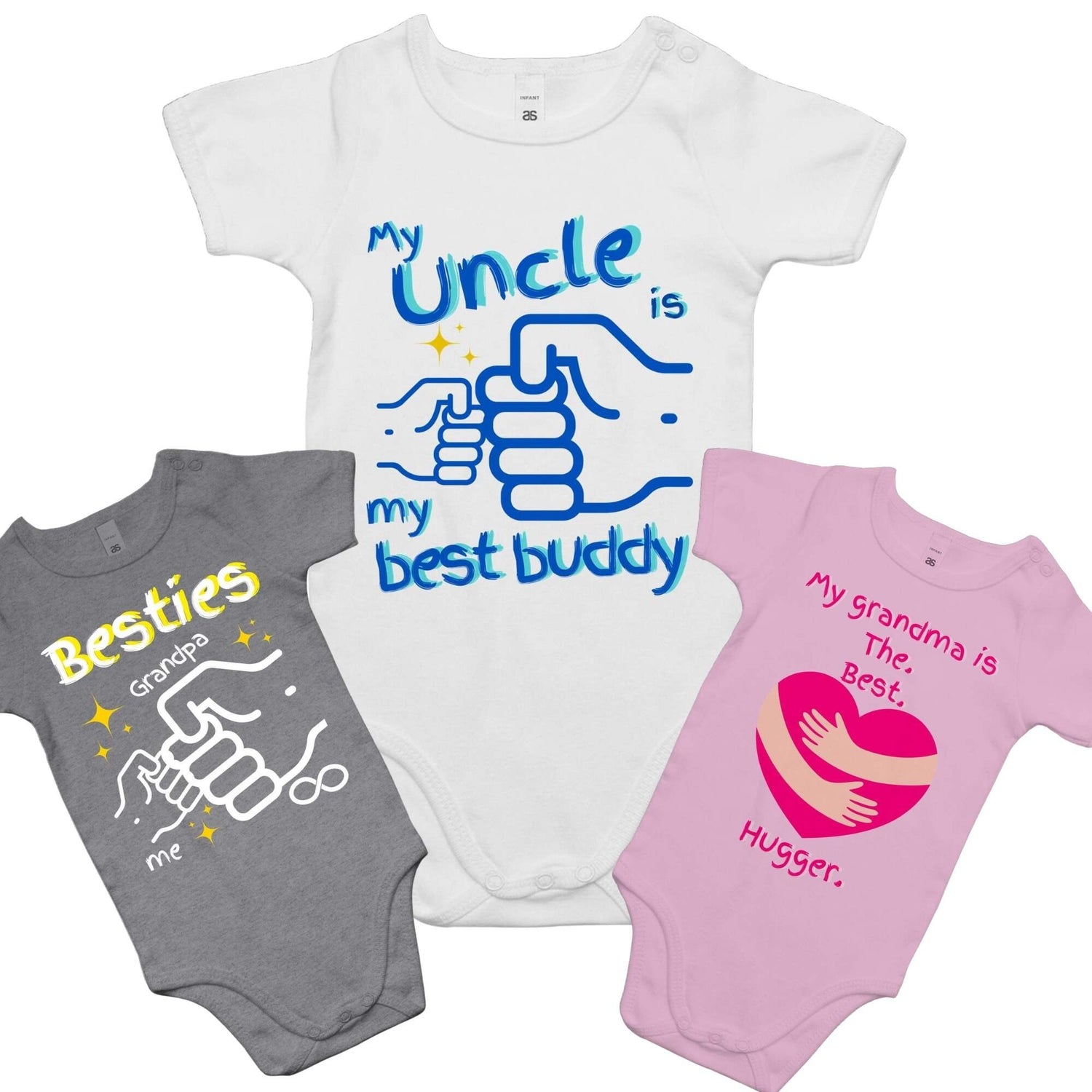 Super soft baby rompers in white, grey and pink to match with their uncle, grandpa and grandma - Da Boss Mango