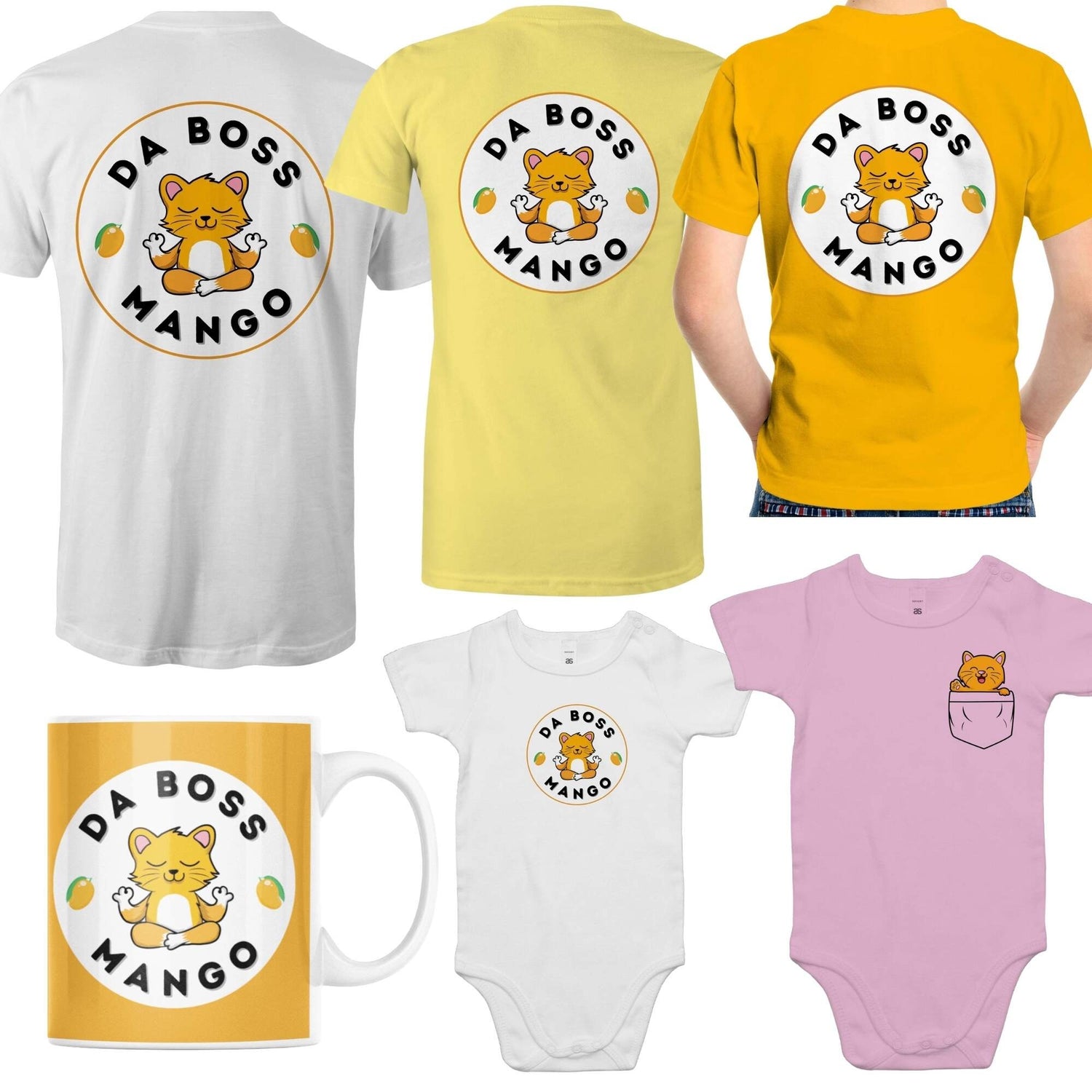 Da Boss Mango T-shirts for men, women and kids, baby rompers and a mug with our brand logo.