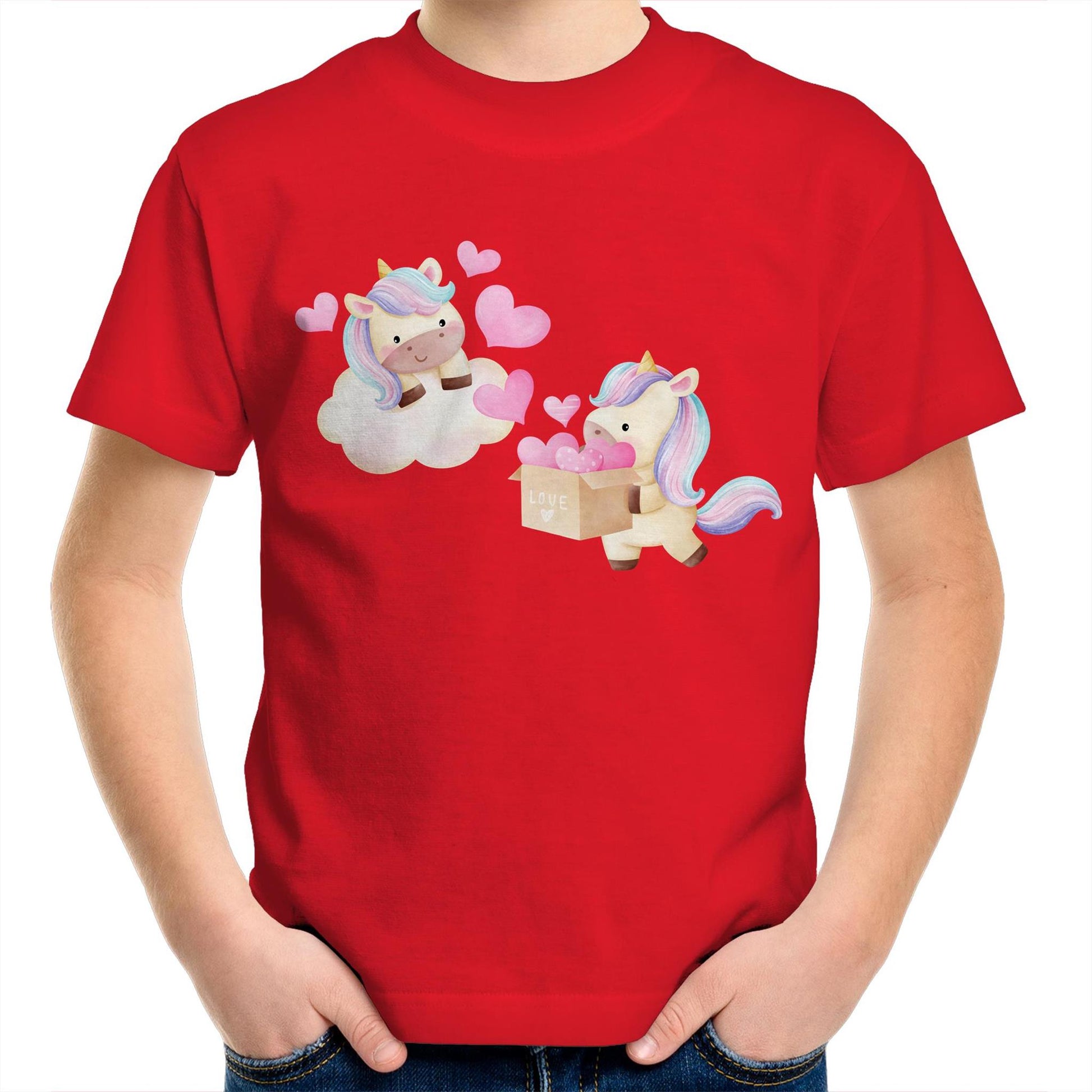 Kawaii Unicorn Valentine Cute Kids Youth Crew Cotton T-Shirt - Size 2, 4, 6, 8, 10, 12, 14 - Da Boss Mango AU - Red