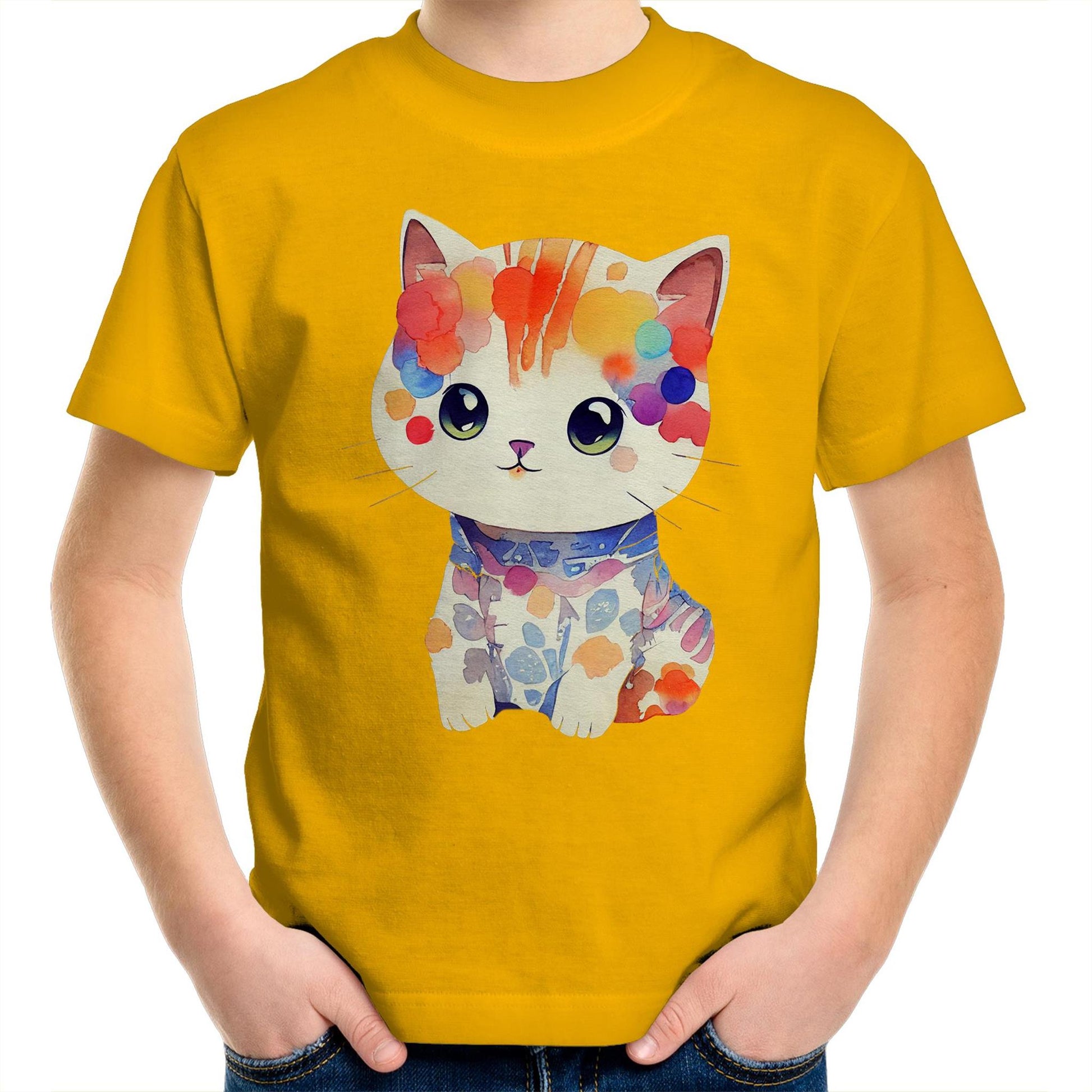 Cute Kitten in Watercolour Kids Youth Crew Kawaii Cotton T-Shirt - Size 2, 4, 6, 8, 10, 12, 14 - Da Boss Mango AU - Gold