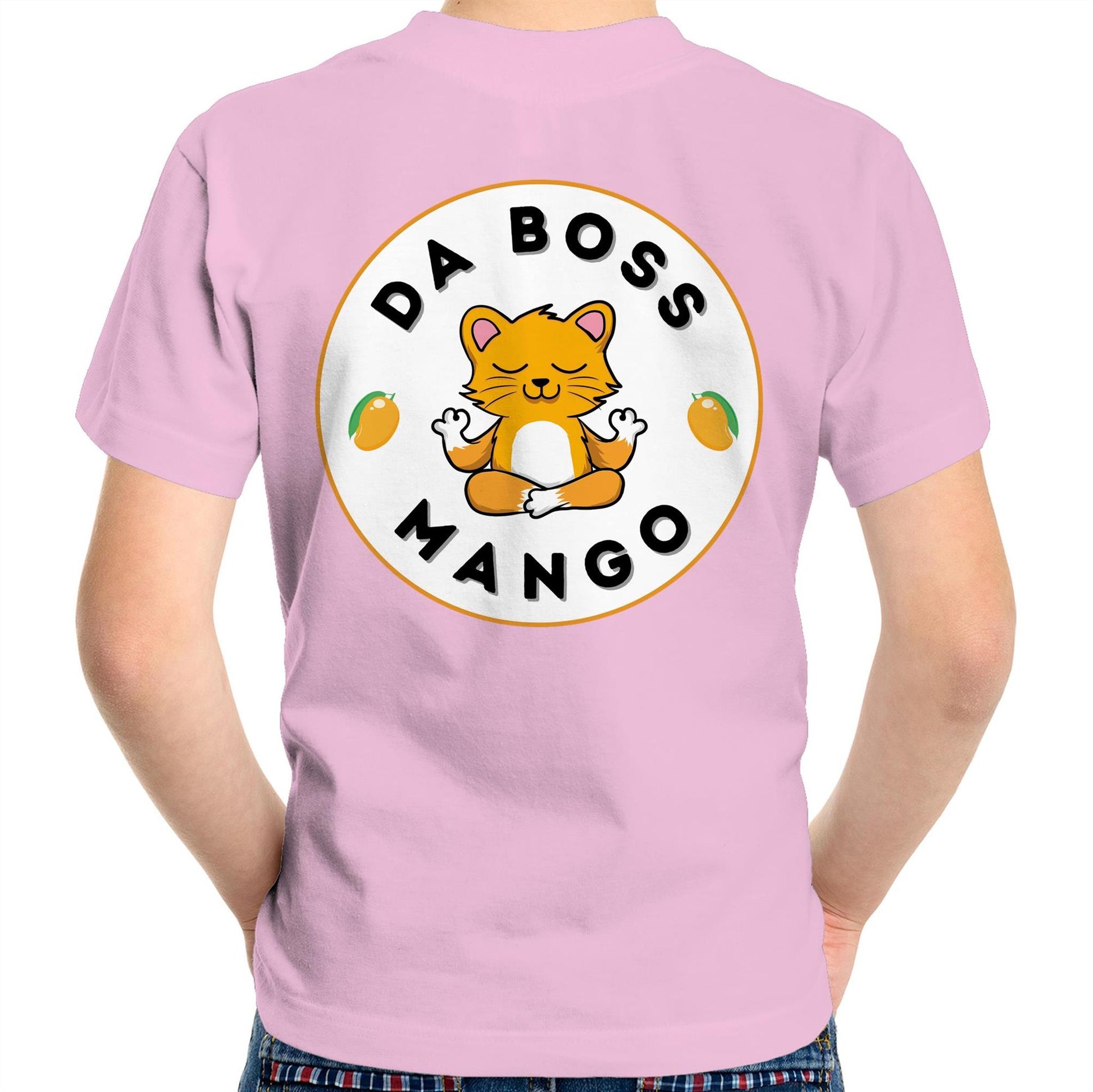 Da Boss Mango Kids Youth Crew Cotton T-Shirt Logo on back - Size 2, 4, 6, 8, 10, 12,14 - Da Boss Mango AU - Pink