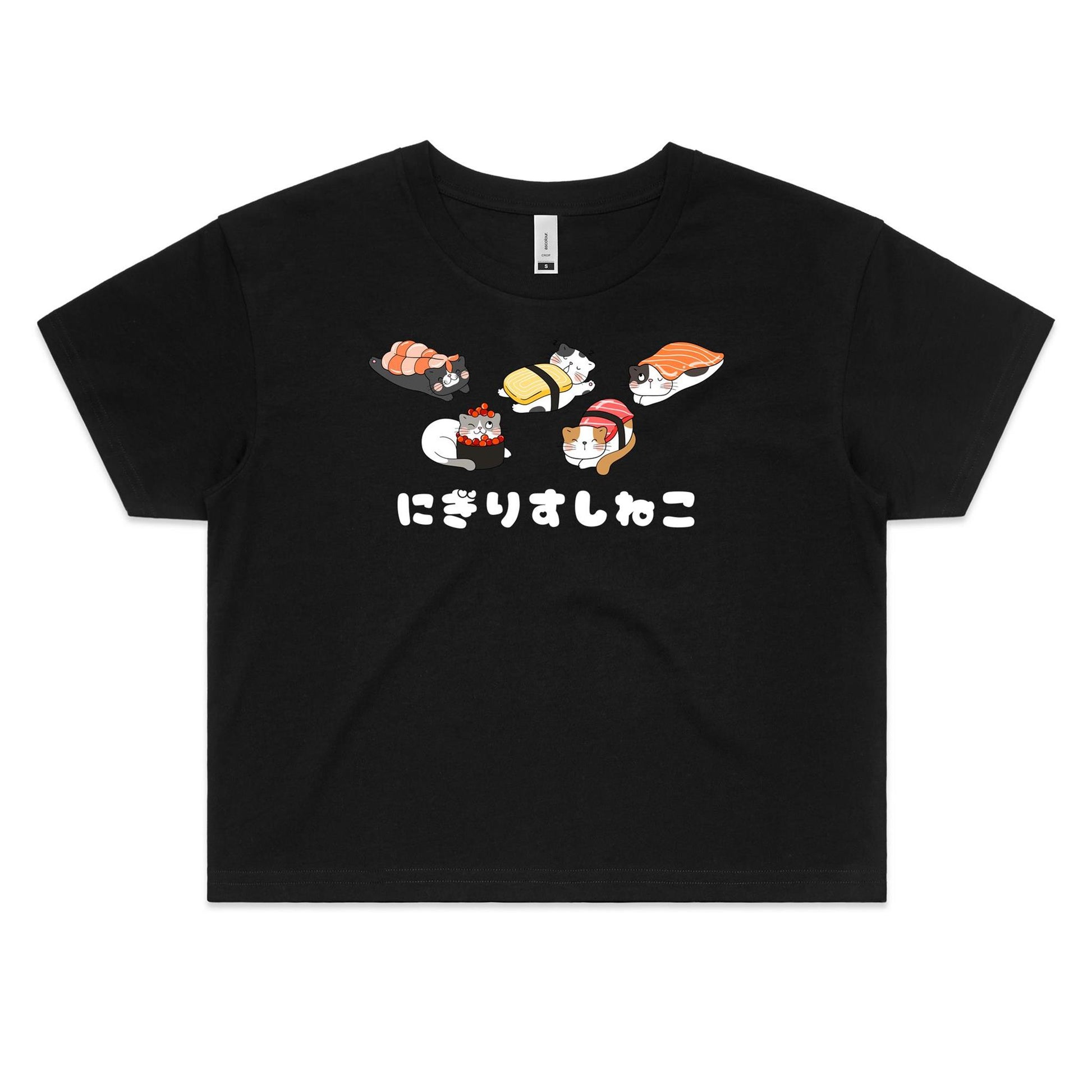 Kawaii Cute Nigiri Sushi Cats Women's Cotton Crop Tee - Da Boss Mango AU - Black