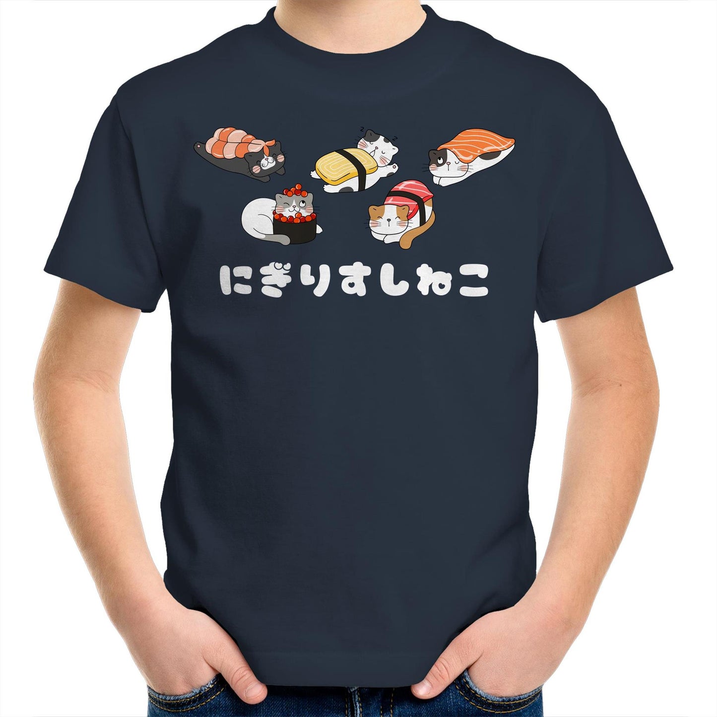 Cute Kawaii Nigiri Sushi Cats Kids Youth Cotton Crew T-Shirt for Boys & Girls - Da Boss Mango AU - Navy