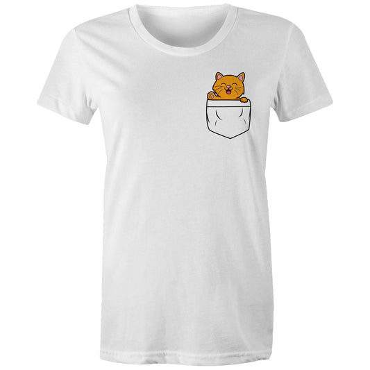 Mini Mango in a Pocket Women's Cotton T-Shirt for Cat Kitten Lovers- Da Boss Mango AU - White