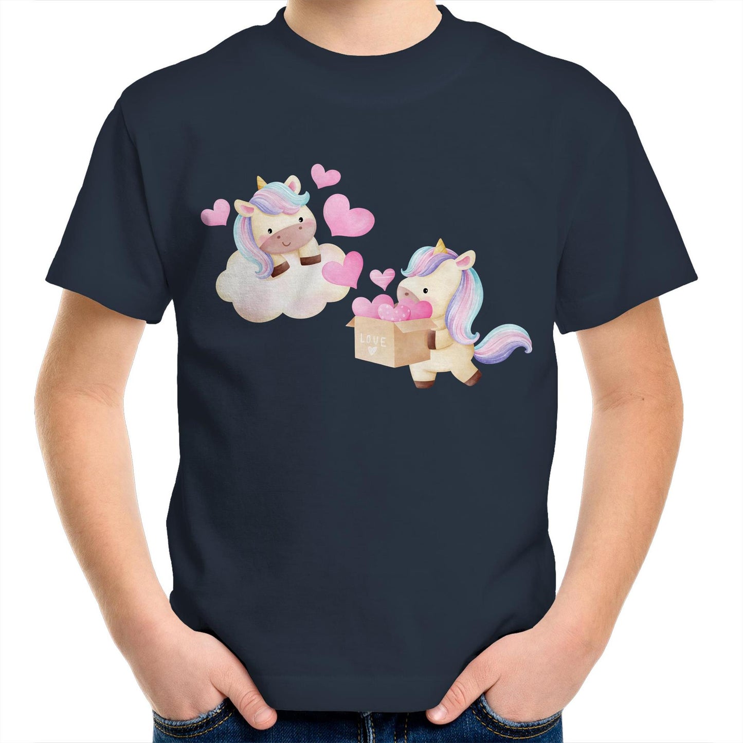 Kawaii Unicorn Valentine Cute Kids Youth Crew Cotton T-Shirt - Size 2, 4, 6, 8, 10, 12, 14 - Da Boss Mango AU - Navy