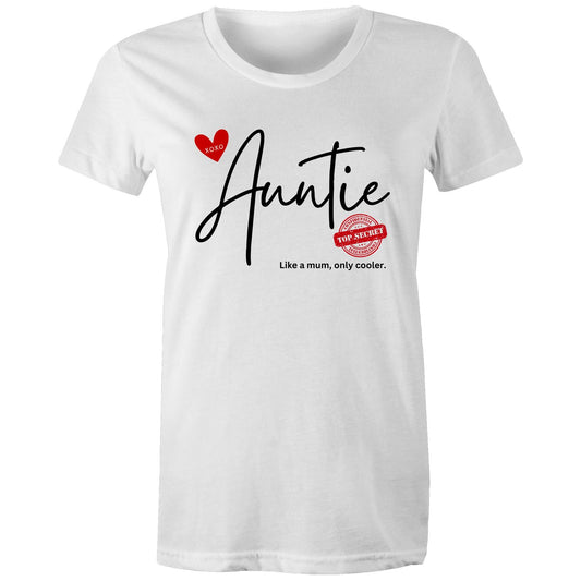 "Auntie - Like a mum, only cooler" Women's Maple Organic Cotton White T-Shirt - Da Boss Mango AU - Gift for Auntie