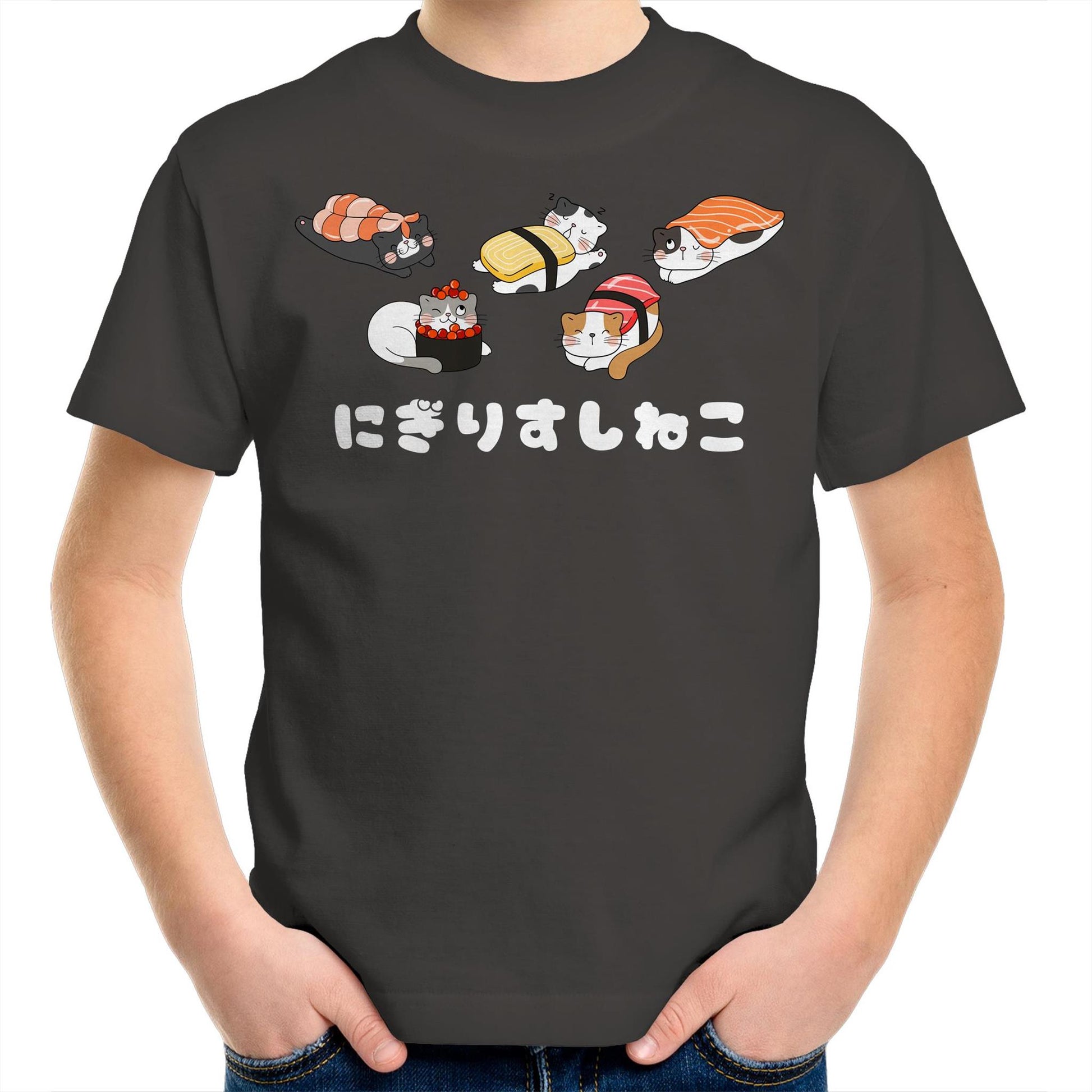 Cute Kawaii Nigiri Sushi Cats Kids Youth Cotton Crew T-Shirt for Boys & Girls - Da Boss Mango AU - Charcoal