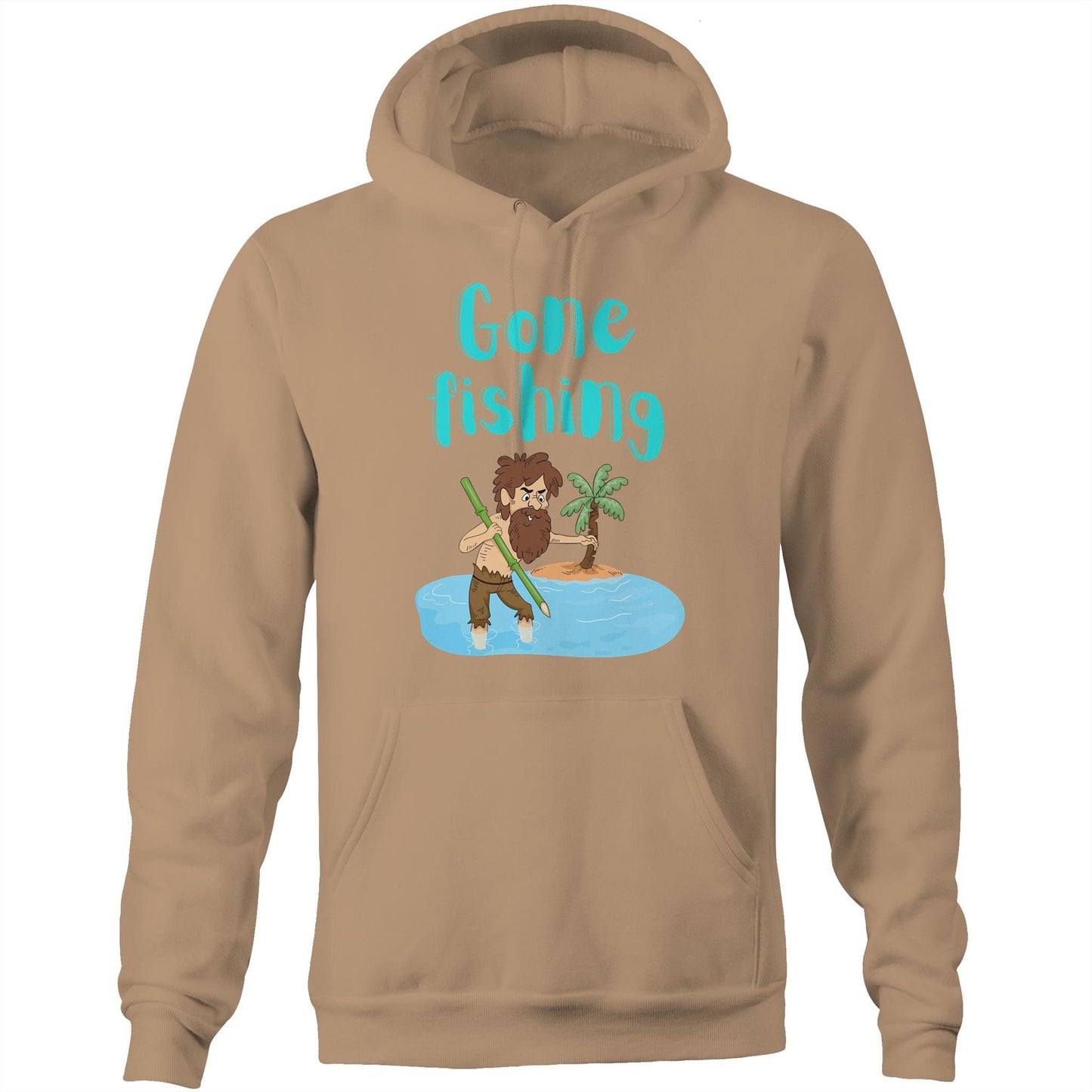 "Gone Fishing" Unisex Pocket Hoodie Sweatshirt - Funny Pullover for Men and Women - Da Boss Mango AU - Tan Beige