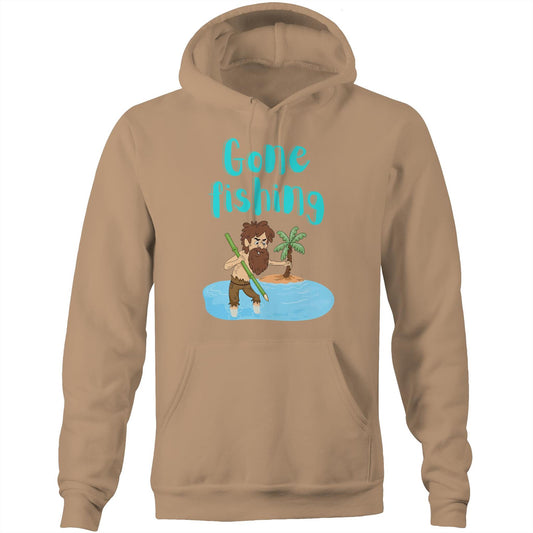 "Gone Fishing" Unisex Pocket Hoodie Sweatshirt - Funny Pullover for Men and Women - Da Boss Mango AU - Tan Beige