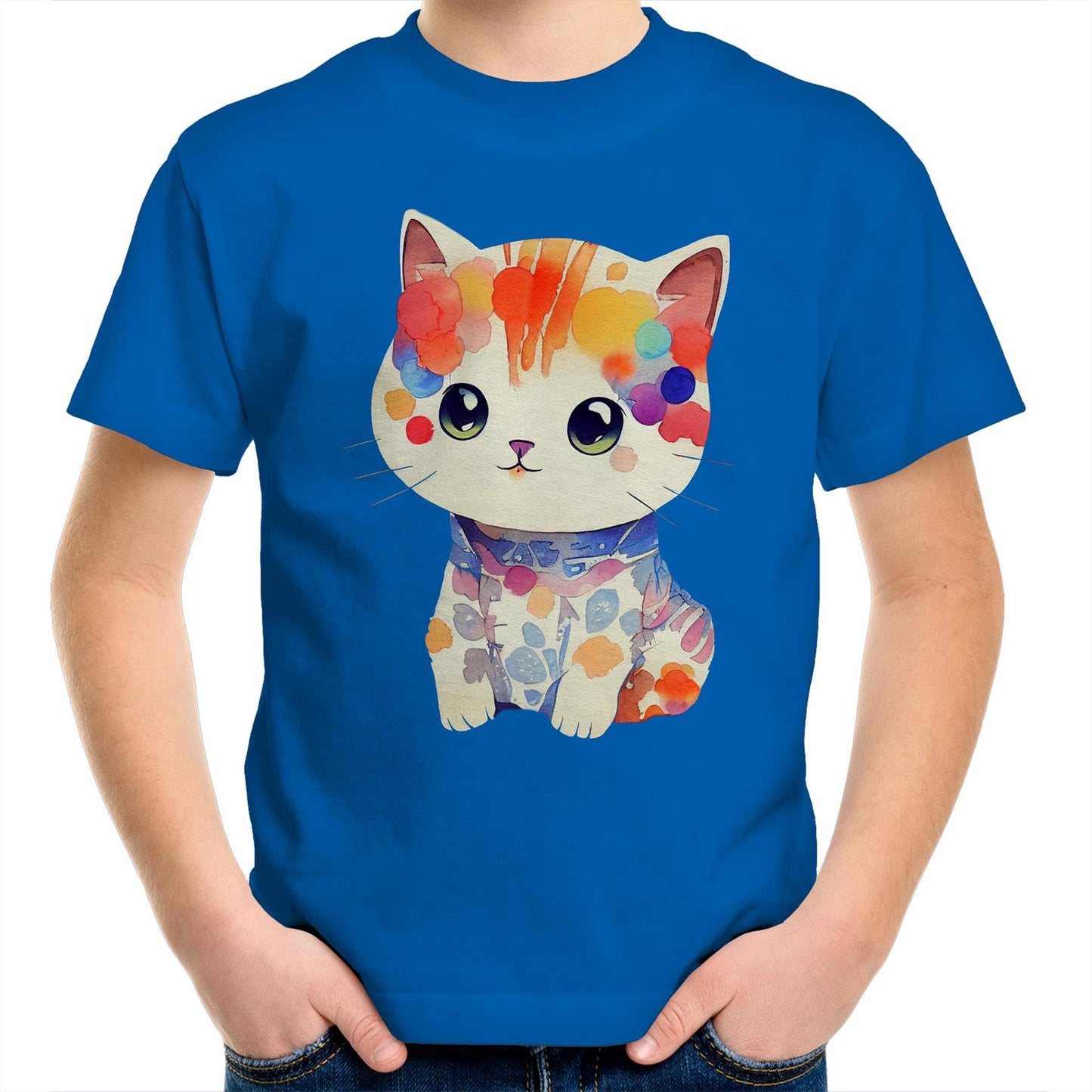 Cute Kitten in Watercolour Kids Youth Cotton T-Shirt - Size 2, 4, 6, 8, 10, 12, 14 - Da Boss Mango AU - Bright Royal Blue