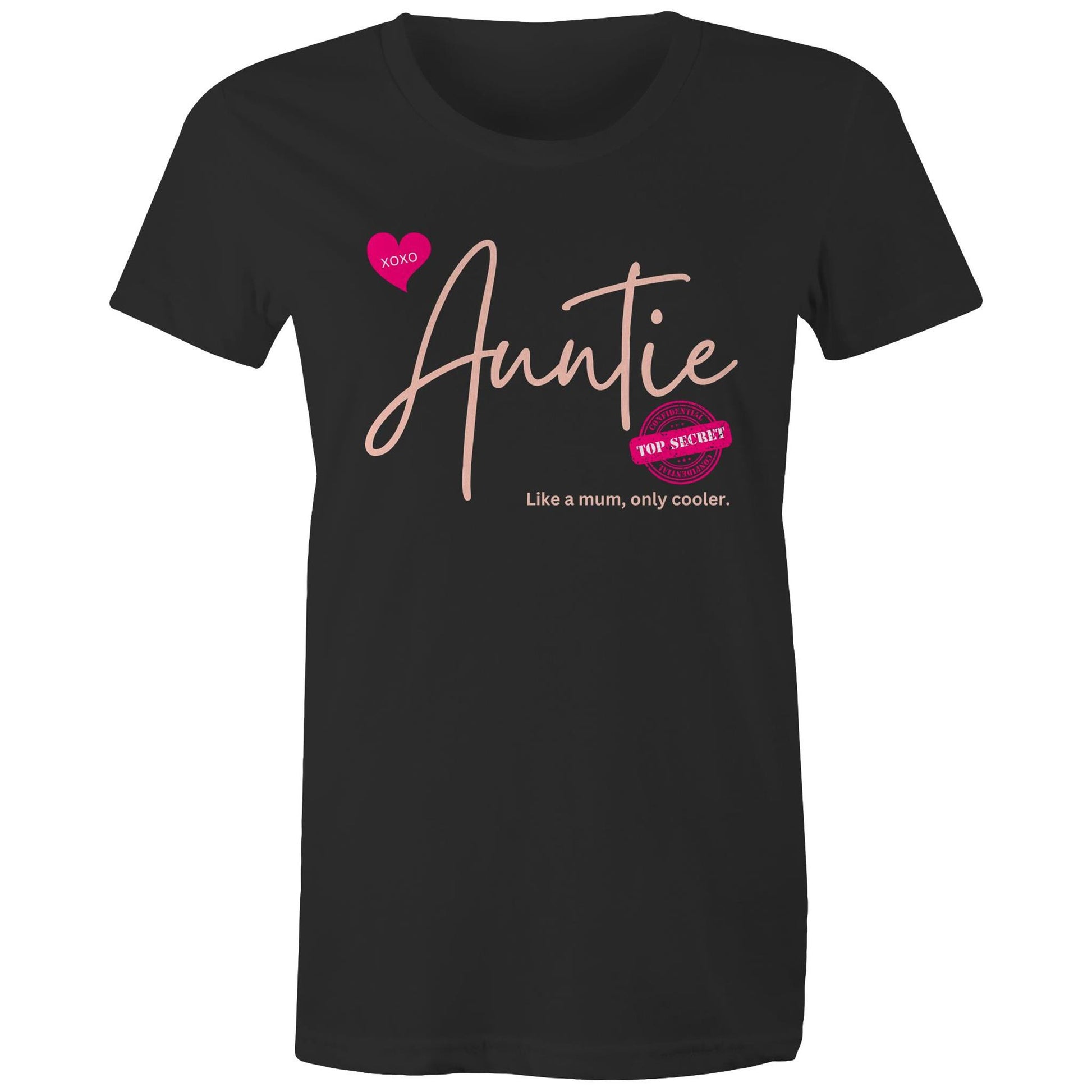 "Auntie - Like a mum, only cooler" Women's Maple Organic Cotton Black T-Shirt - Da Boss Mango AU - Gift for Auntie