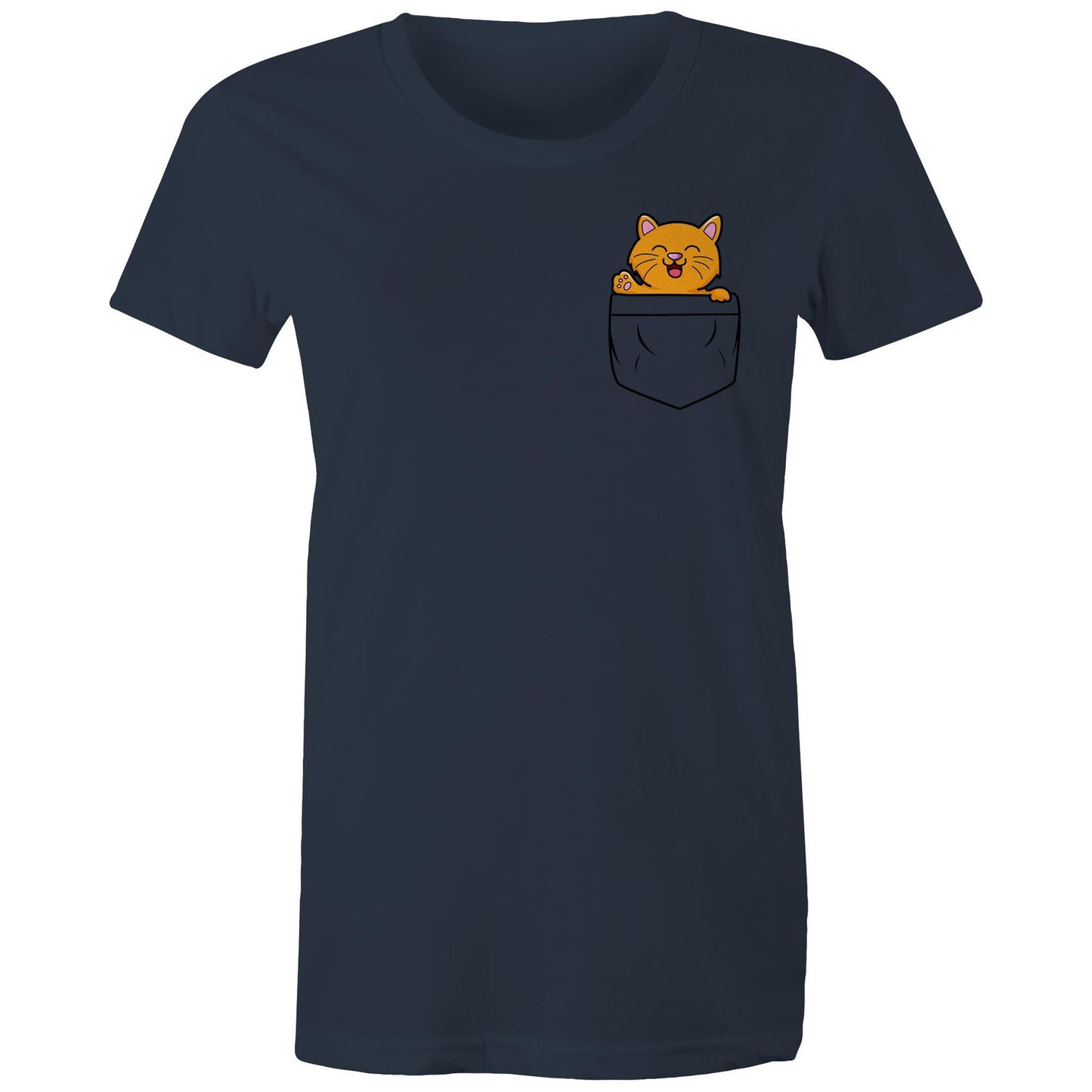 Mini Mango in a Pocket Women's Cotton T-Shirt for Cat Kitten Lovers- Da Boss Mango AU - Navy