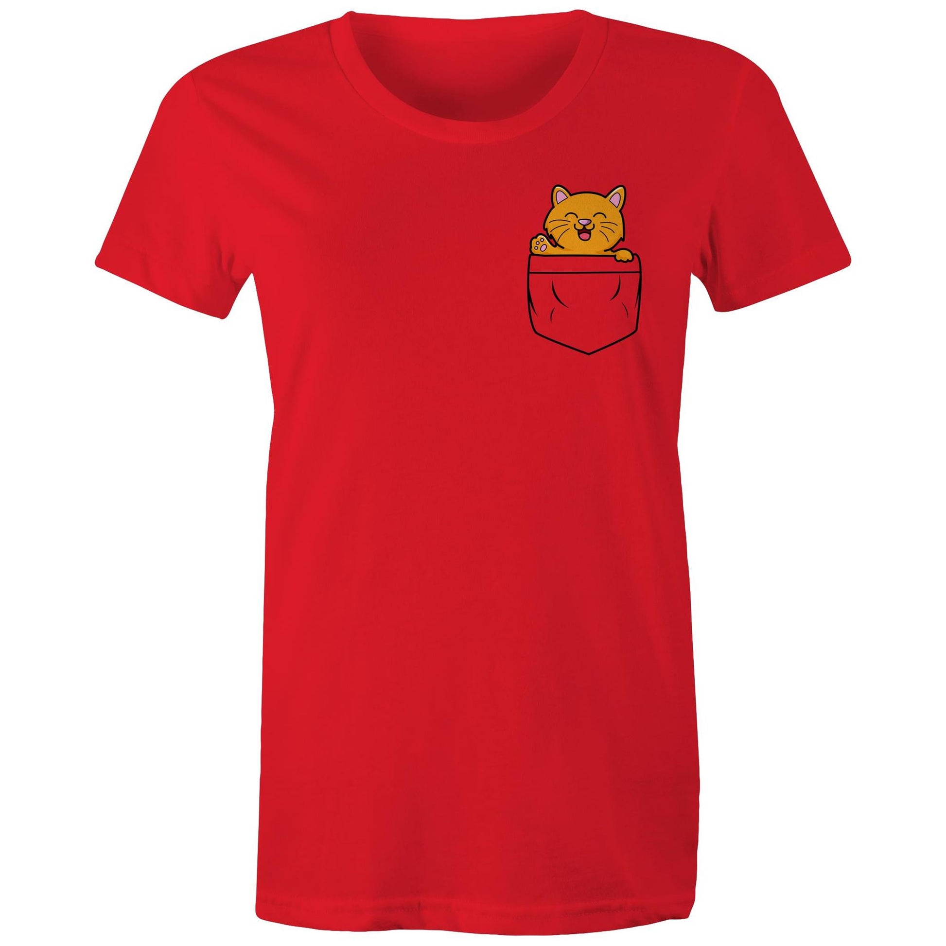 Mini Mango in a Pocket Women's Cotton T-Shirt for Cat Kitten Lovers- Da Boss Mango AU - Red