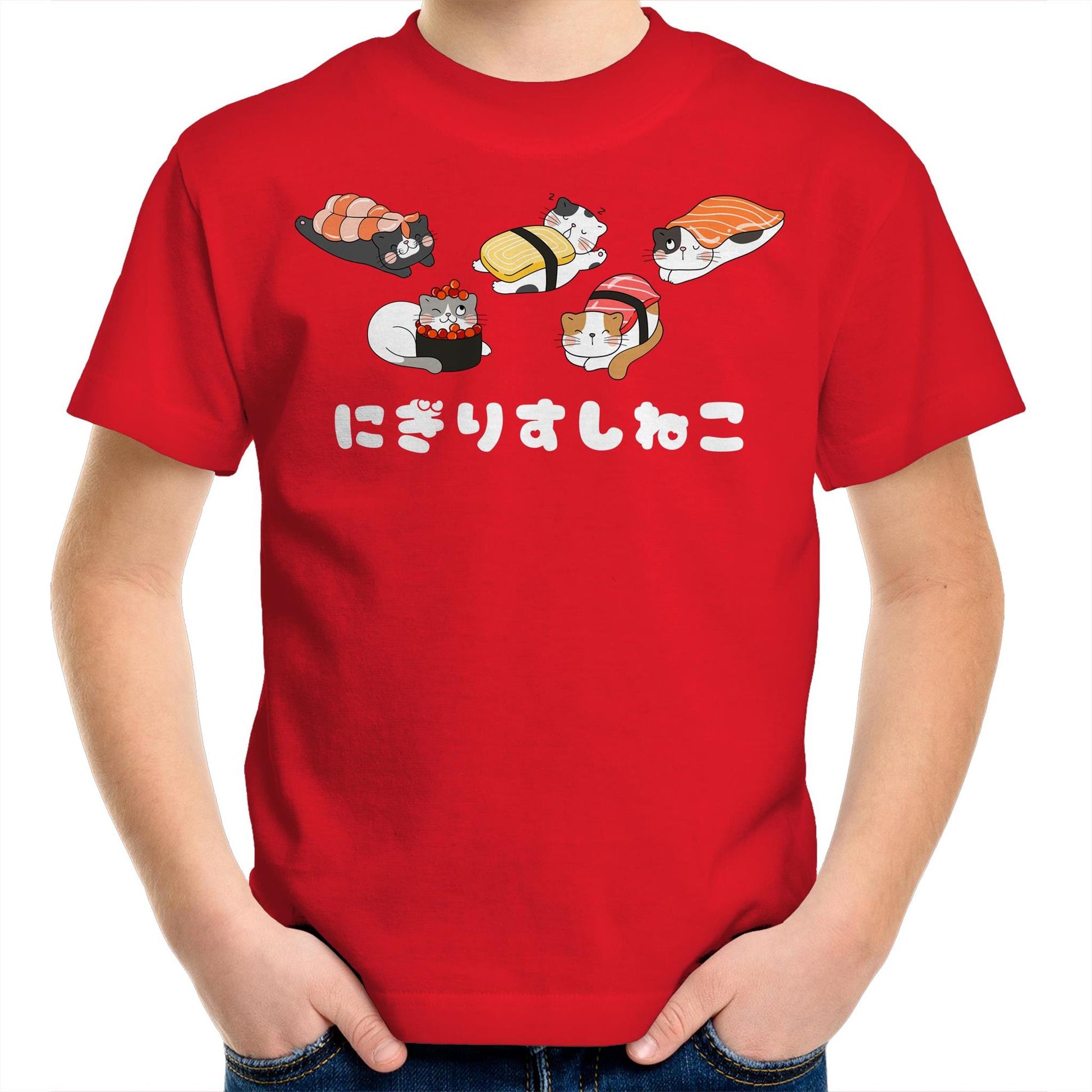 Cute Kawaii Nigiri Sushi Cats Kids Youth Cotton Crew T-Shirt for Boys & Girls - Da Boss Mango AU - Red