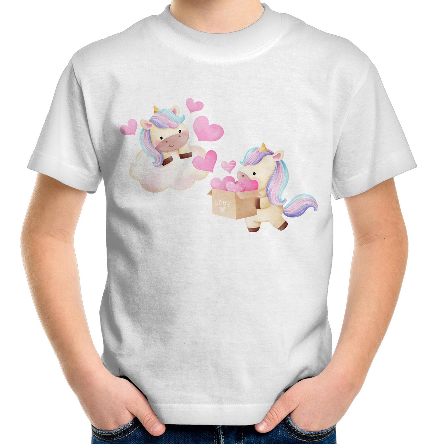 Kawaii Unicorn Valentine Cute Kids Youth Crew Cotton T-Shirt - Size 2, 4, 6, 8, 10, 12, 14 - Da Boss Mango AU - White