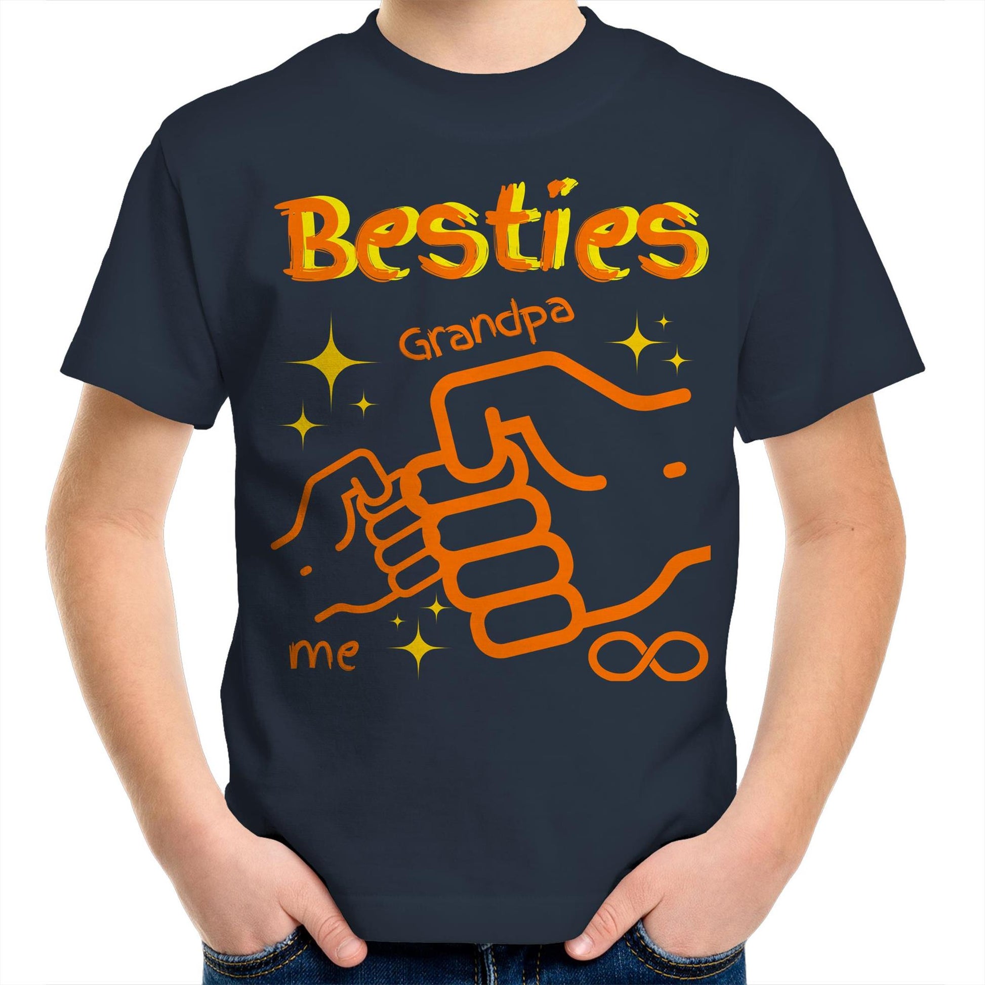 "Besties Me & Grandpa" Kids Youth Crew Cotton T-Shirt for Boys - Size 2, 4, 6, 8, 10, 12, 14 - Da Boss Mango AU - Navy