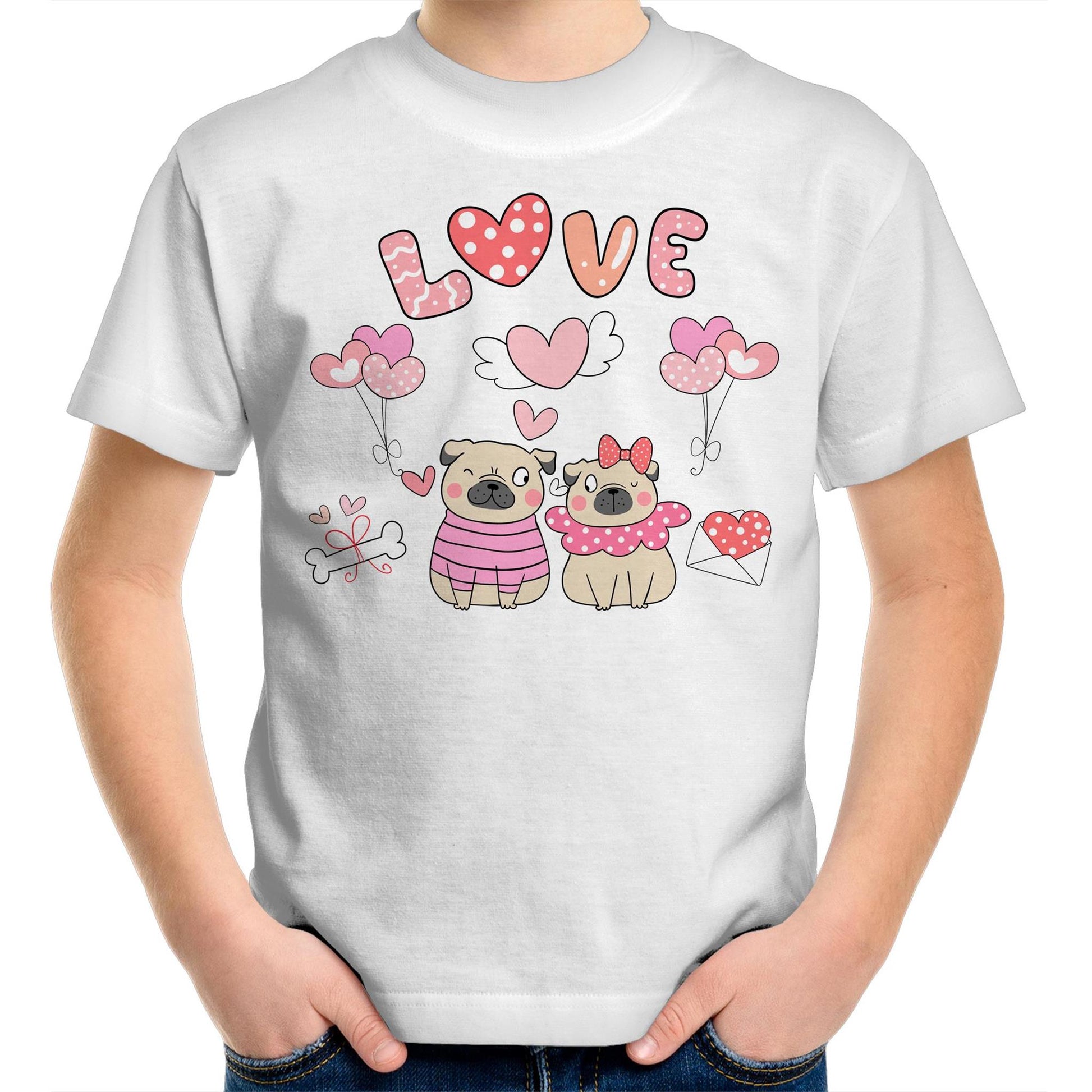 Kawaii Pug Couple Valentine Kids Youth Cotton Crew T-Shirt - Size 2, 4, 6, 8. 10, 12, 14 - Da Boss Mango AU - White