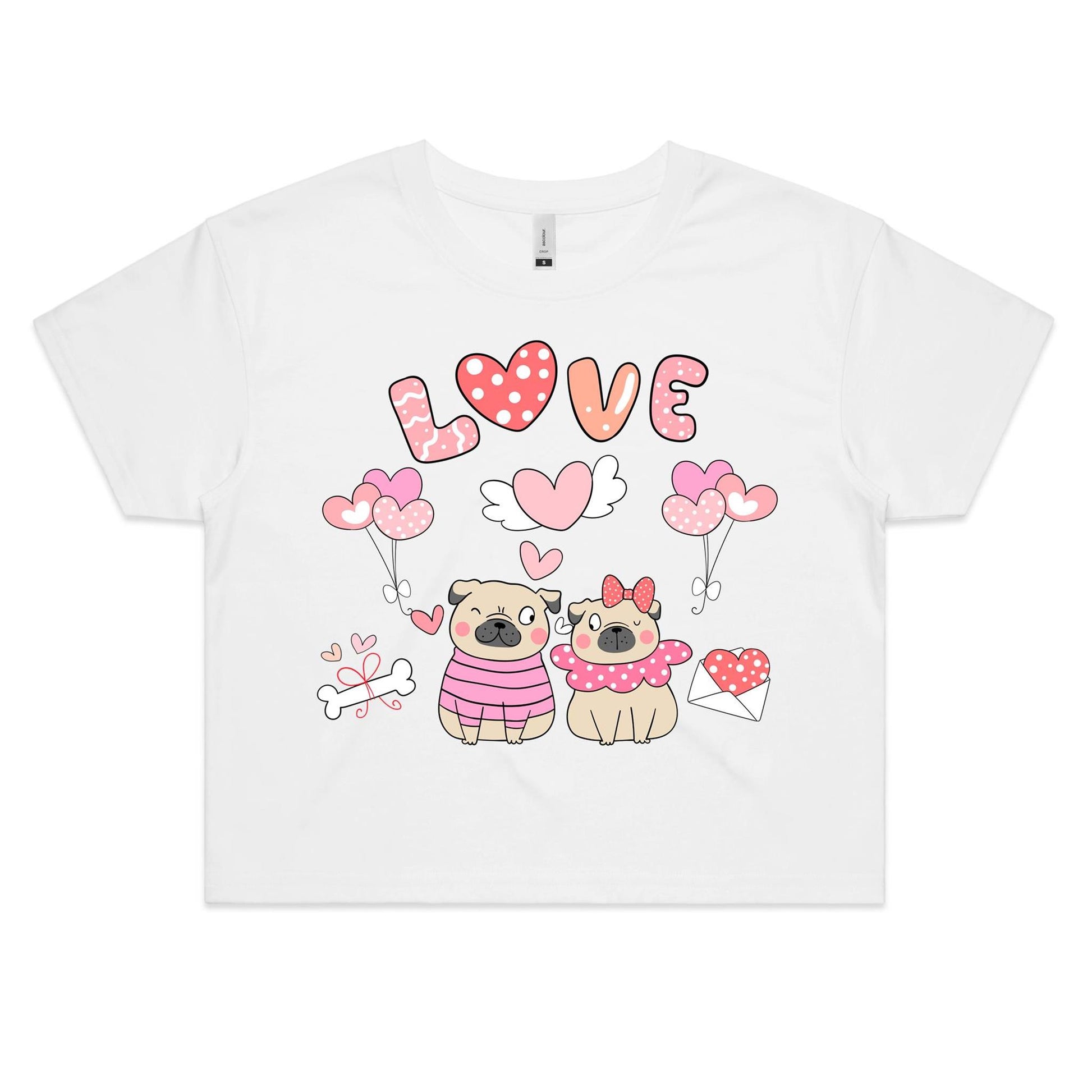 Cute Pug Couple with Heart-shaped Balloons Valentine Women's kawaii Cotton Crop Tee - Da Boss Mango AU - White