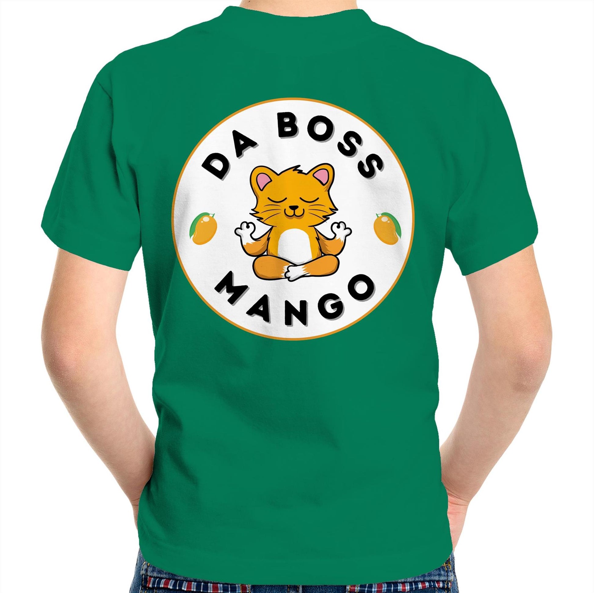 Da Boss Mango Kids Youth Crew Cotton T-Shirt Logo on back - Size 2, 4, 6, 8, 10, 12,14 - Da Boss Mango AU - Kelly Green