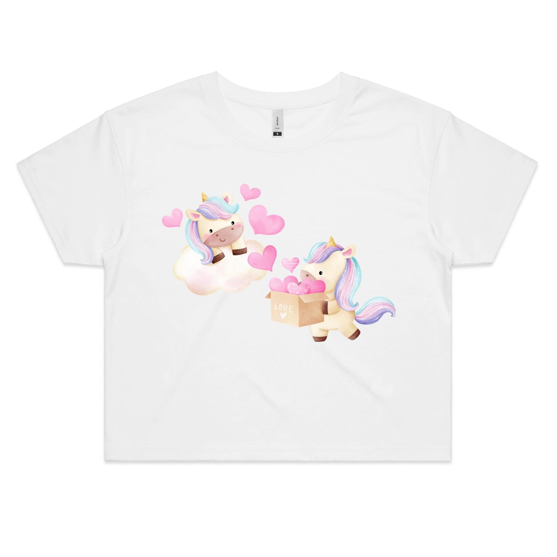 Kawaii Unicorn Valentine Women's Cute Cotton Crop Tee - Da Boss Mango AU - White