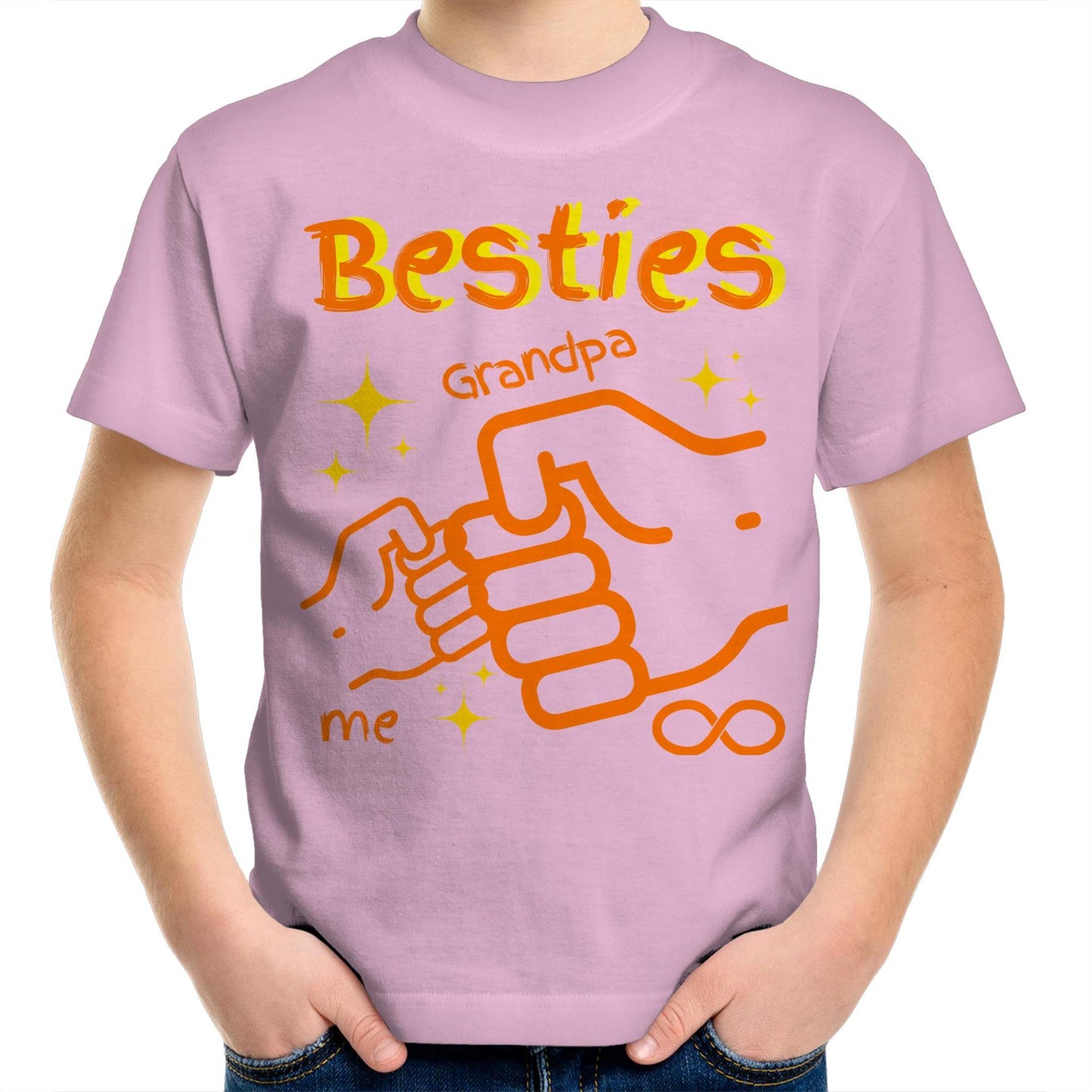 "Besties Me & Grandpa" Kids Youth Crew Cotton T-Shirt for Boys - Size 2, 4, 6, 8, 10, 12, 14 - Da Boss Mango AU - Pink