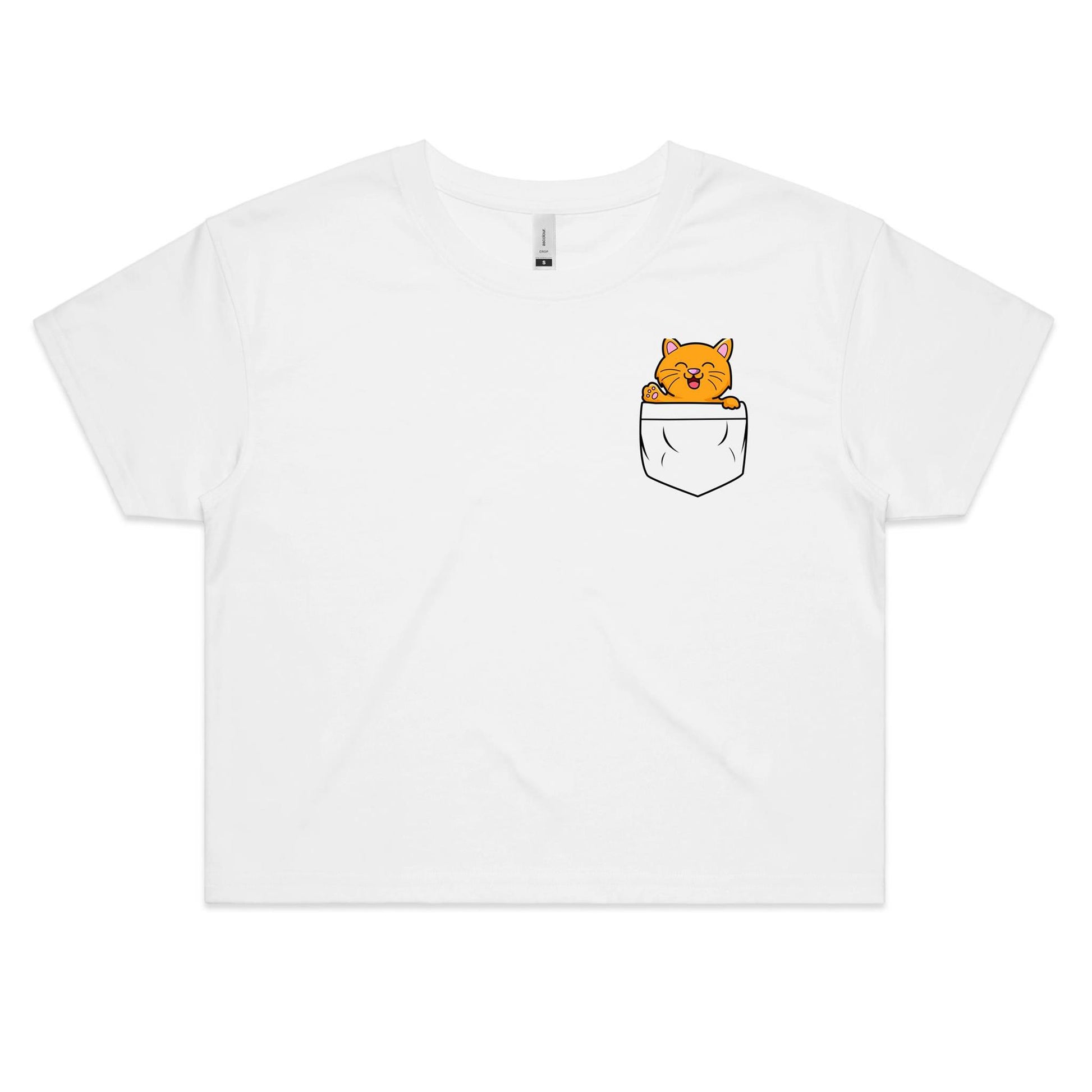 Kitten Mini Mango in a Pocket Women's Cotton Crop Tee - Da Boss Mango AU - White