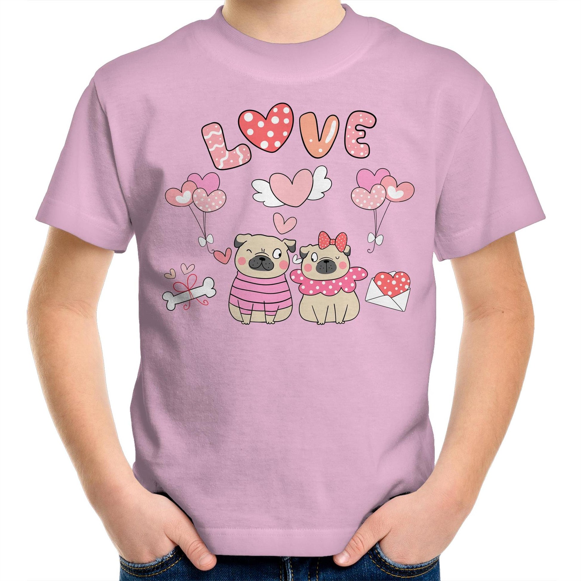 Kawaii Pug Couple Valentine Kids Youth Cotton Crew T-Shirt - Size 2, 4, 6, 8. 10, 12, 14 - Da Boss Mango AU - Pink