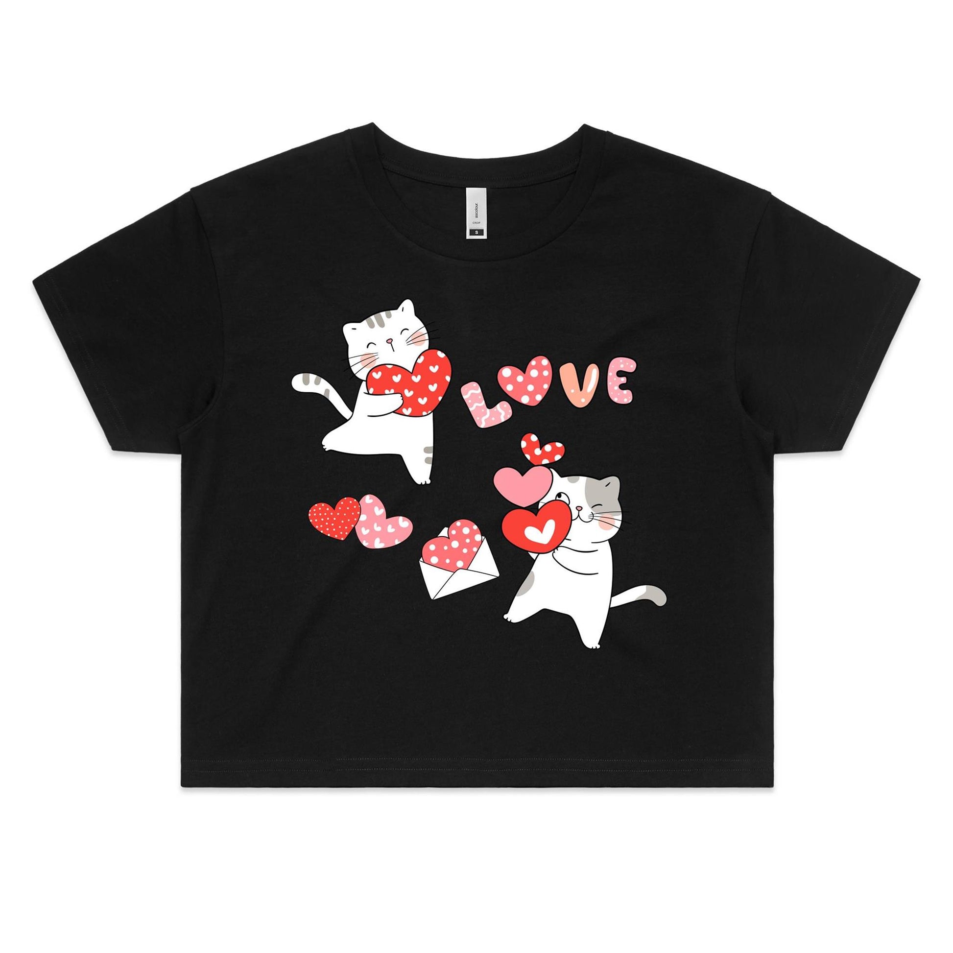 Cute Cat Valentine Women's Crop Cotton Tee - Kawaii Crop top for Cat lovers - Da Boss Mango AU - Black