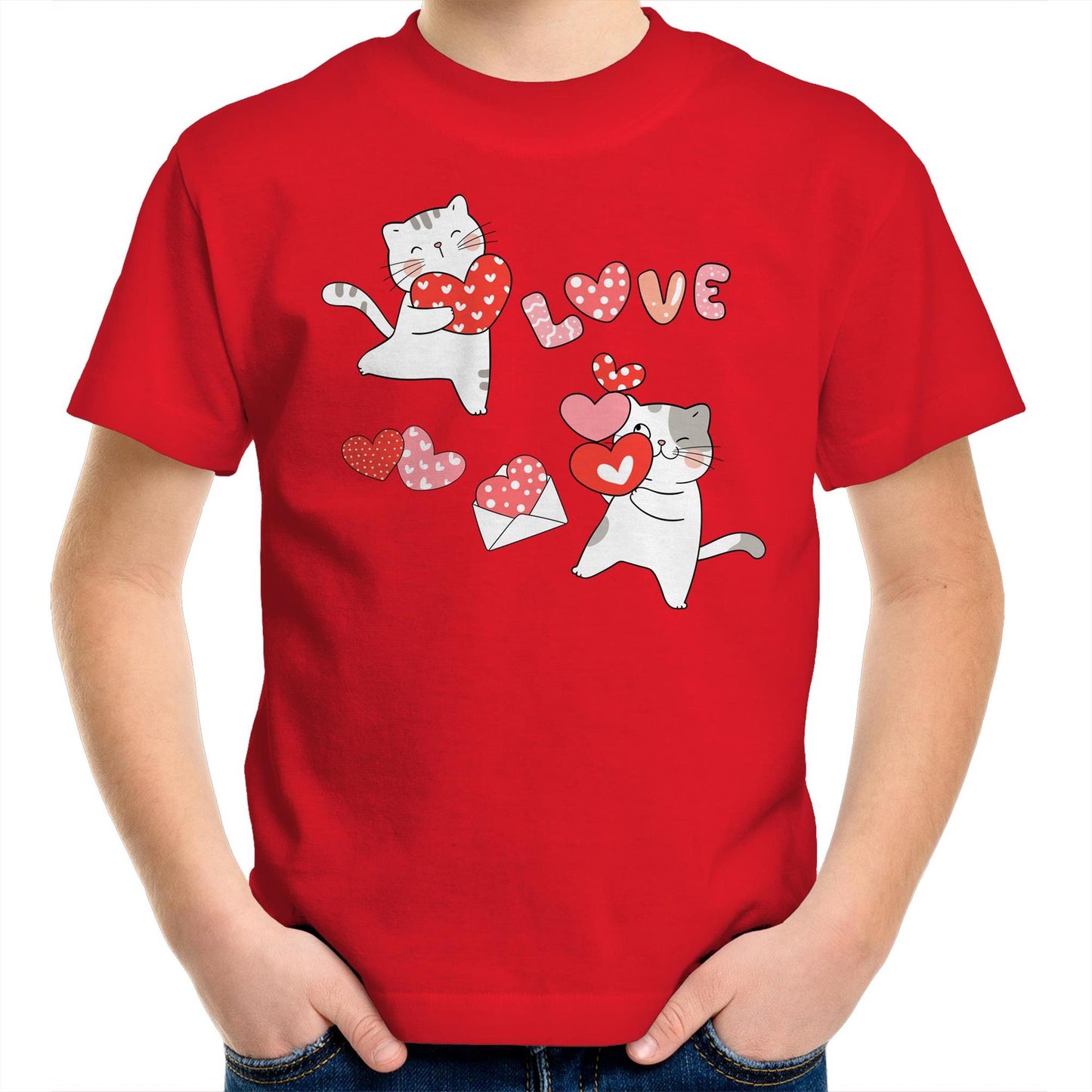 Cute Cat Couple Valentine Kids Youth Crew Cotton T-Shirt - Size 2, 4, 6, 8, 10, 12, 14 - Da Boss Mango AU - Red