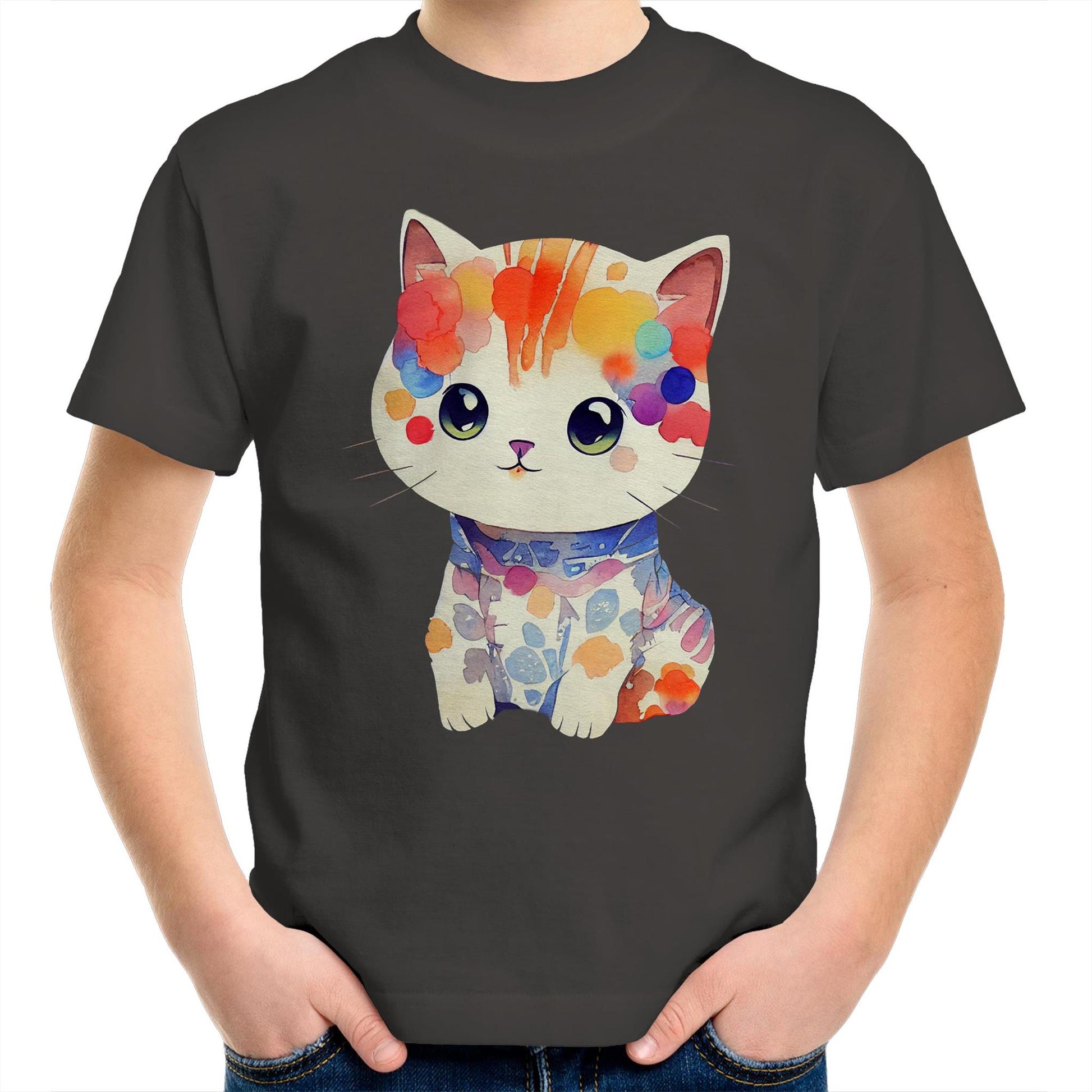 Cute Kitten in Watercolour Kids Youth Crew Kawaii Cotton T-Shirt - Size 2, 4, 6, 8, 10, 12, 14 - Da Boss Mango AU - Charcoal