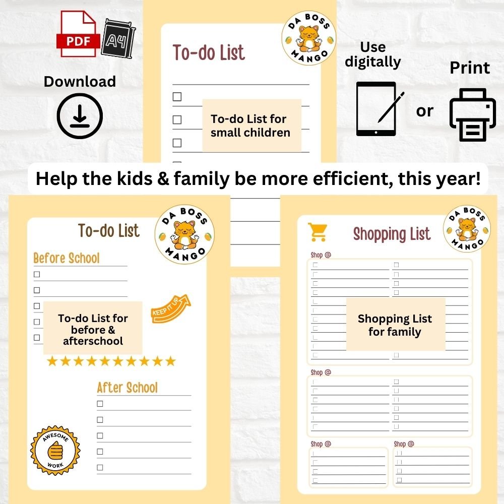 Da Boss Mango Digital & Printable To-do Lists for kids - Receive FREE Family Shopping List (PDF file downloads)