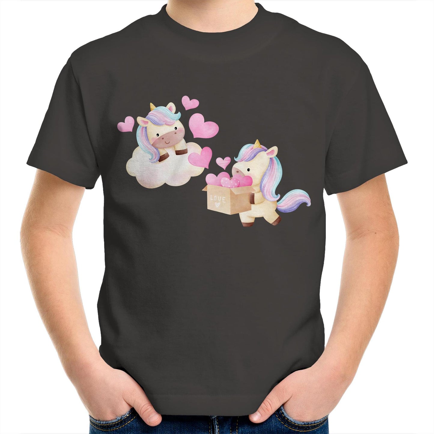 Kawaii Unicorn Valentine Cute Kids Youth Crew Cotton T-Shirt - Size 2, 4, 6, 8, 10, 12, 14 - Da Boss Mango AU - Charcoal