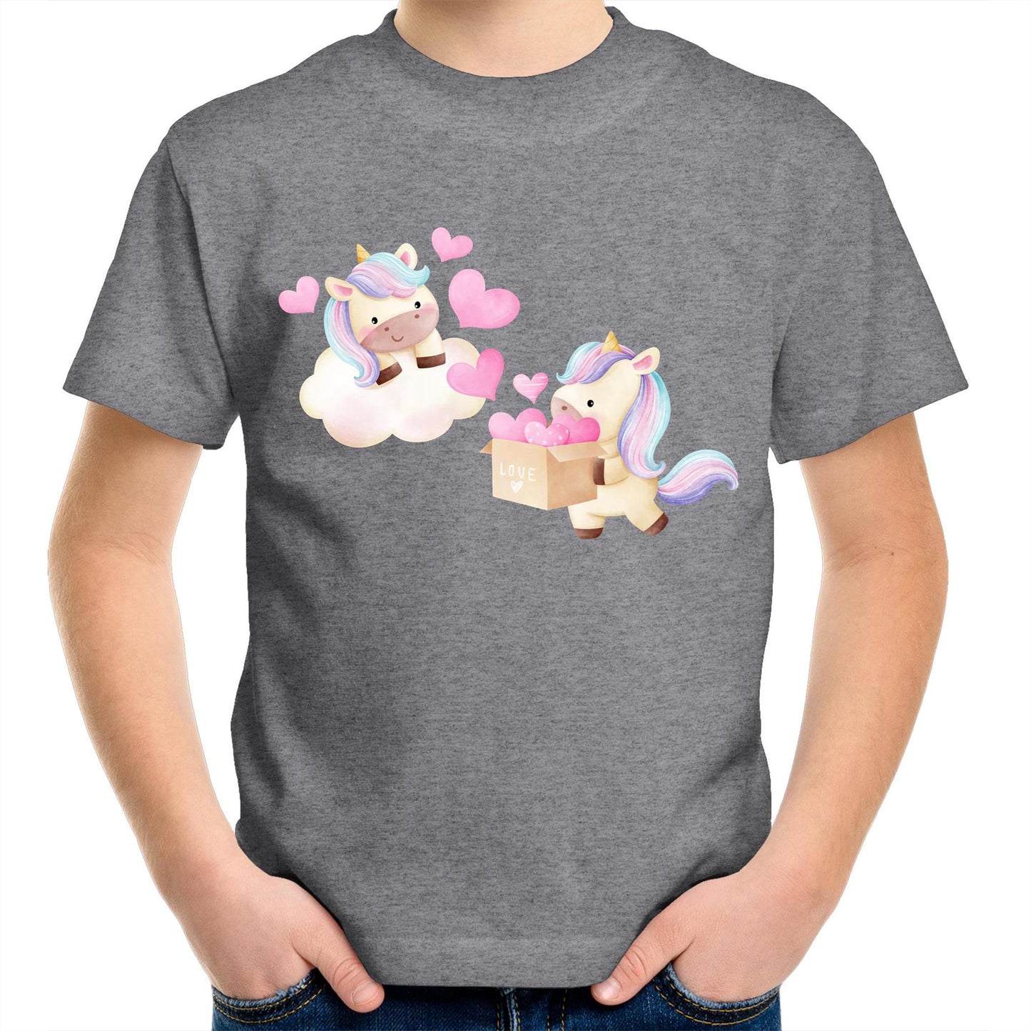 Kawaii Unicorn Valentine Cute Kids Youth Crew T-Shirt - Size 2, 4, 6, 8, 10, 12, 14 - Da Boss Mango AU - Grey Marle