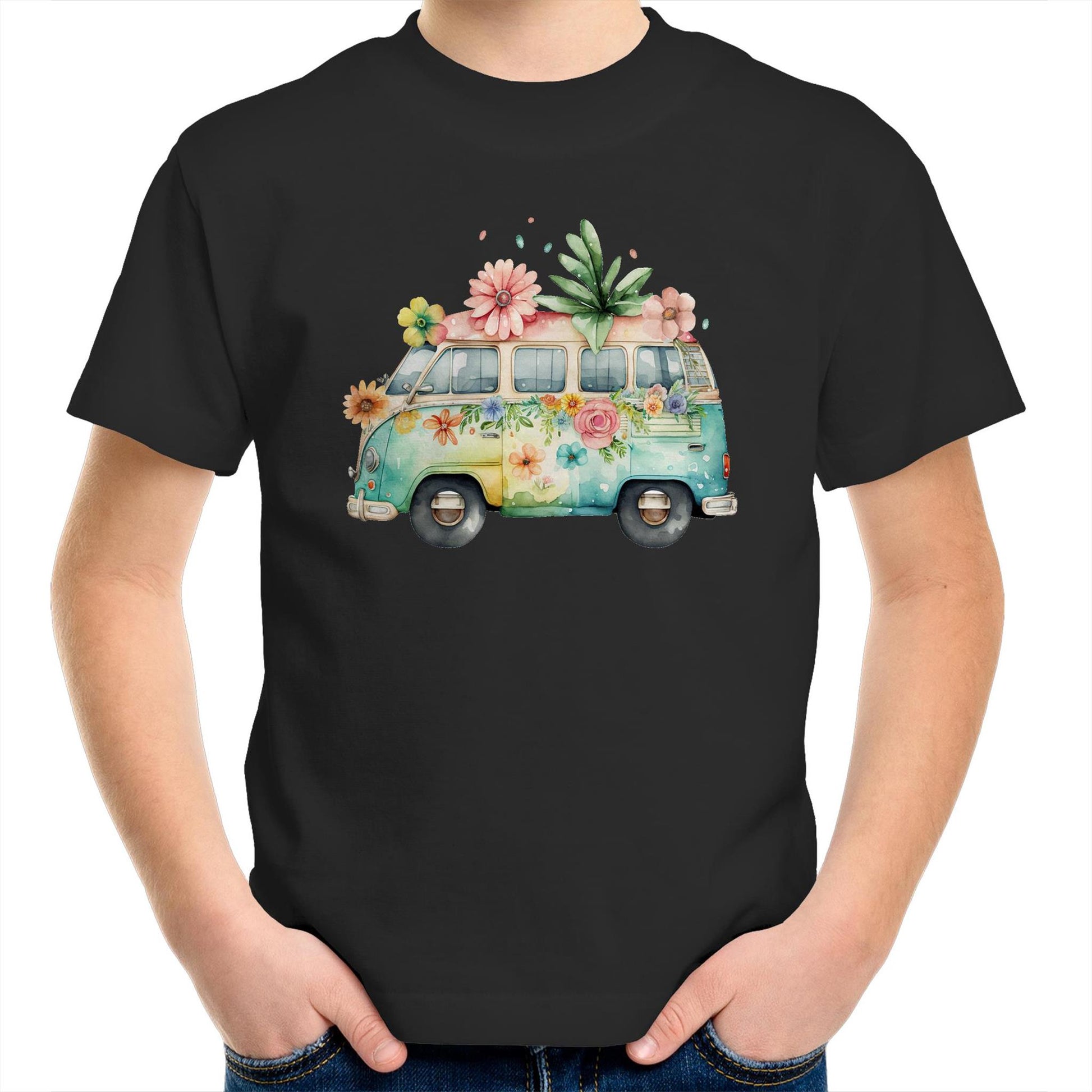 Happy Retro Camping Car Kids Youth Crew Cotton T-Shirt for Girls - Size 2, 4, 6, 8, 10, 12, 14 - Da Boss Mango AU - Black