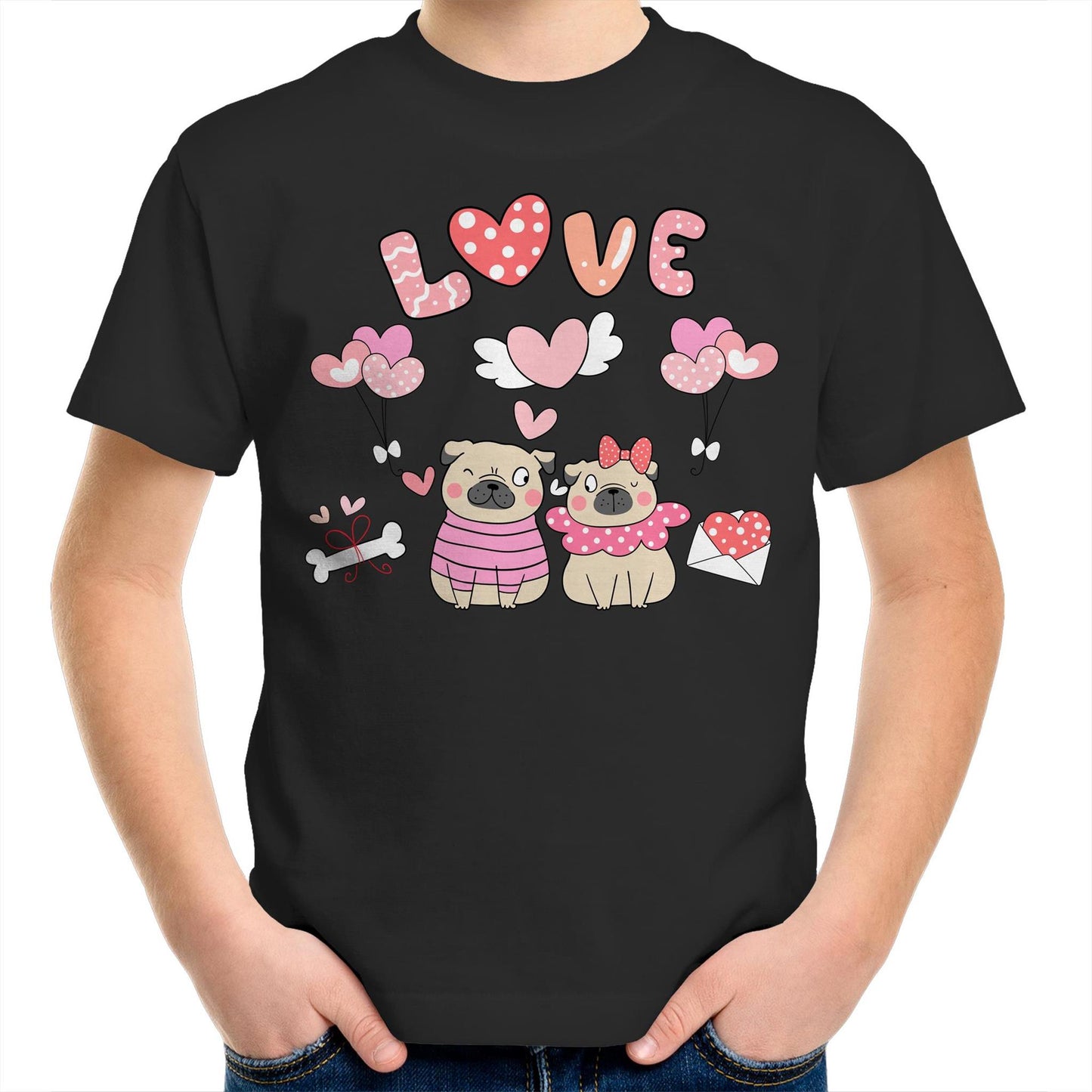 Kawaii Pug Couple Valentine Kids Youth Cotton Crew T-Shirt - Size 2, 4, 6, 8. 10, 12, 14 - Da Boss Mango AU - Black