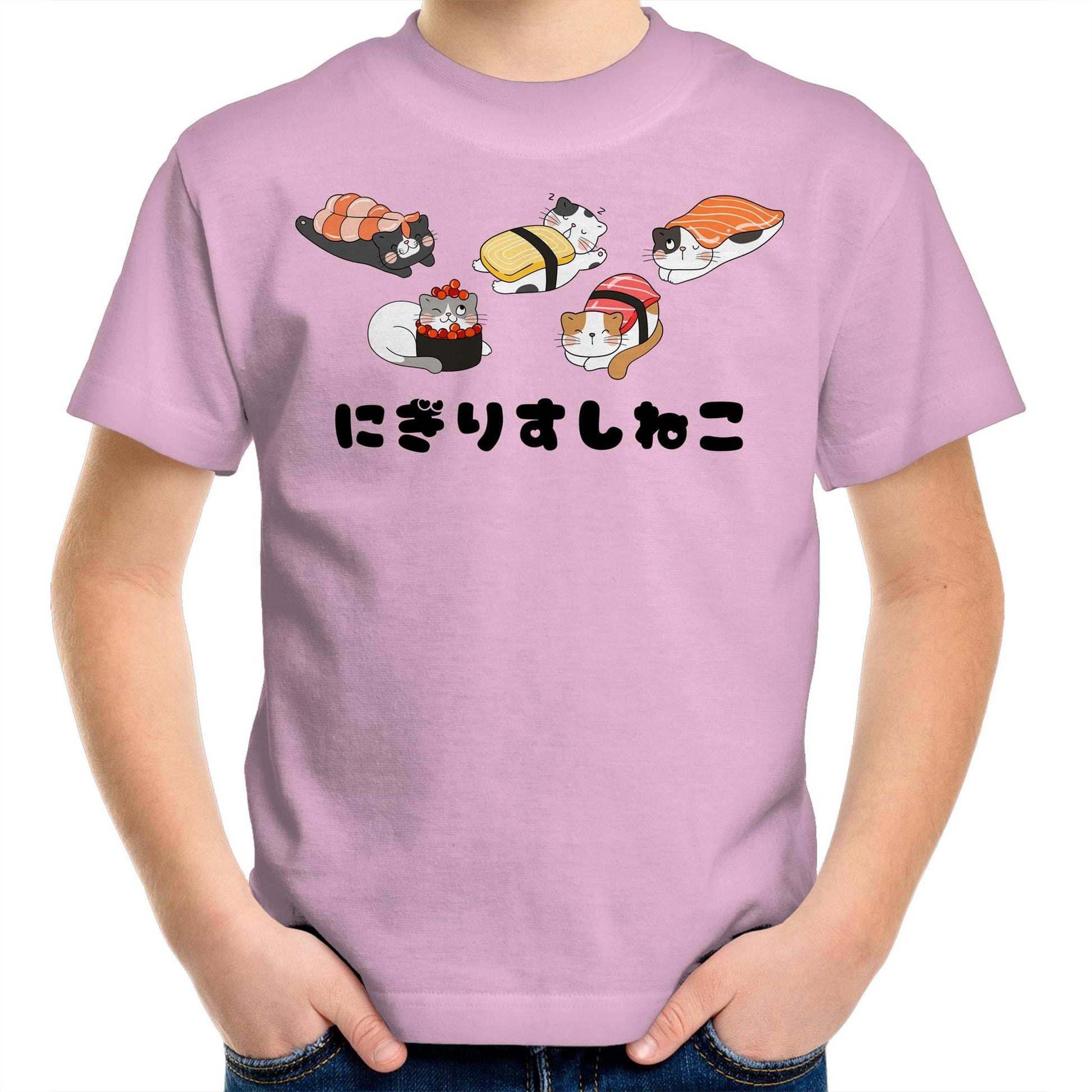 Cute Kawaii Nigiri Sushi Cats Kids Youth Cotton Crew T-Shirt for Boys & Girls - Da Boss Mango AU - Pink