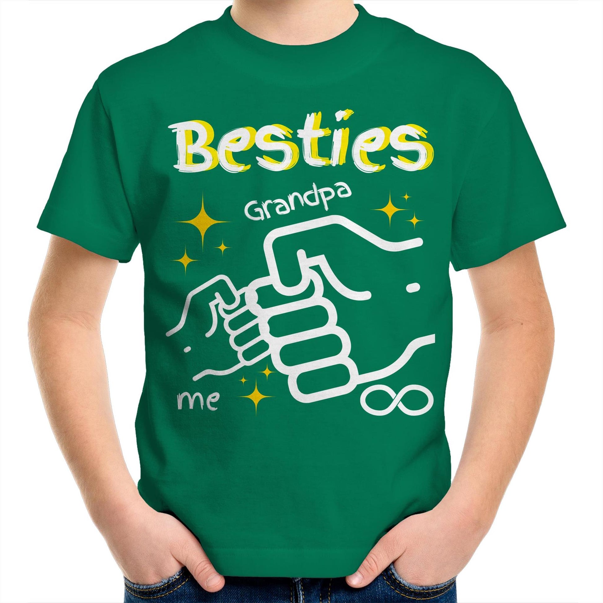 "Besties Me & Grandpa" Kids Youth Crew Cotton T-Shirt for Boys - Size 2, 4, 6, 8, 10, 12, 14 - Da Boss Mango AU - Green