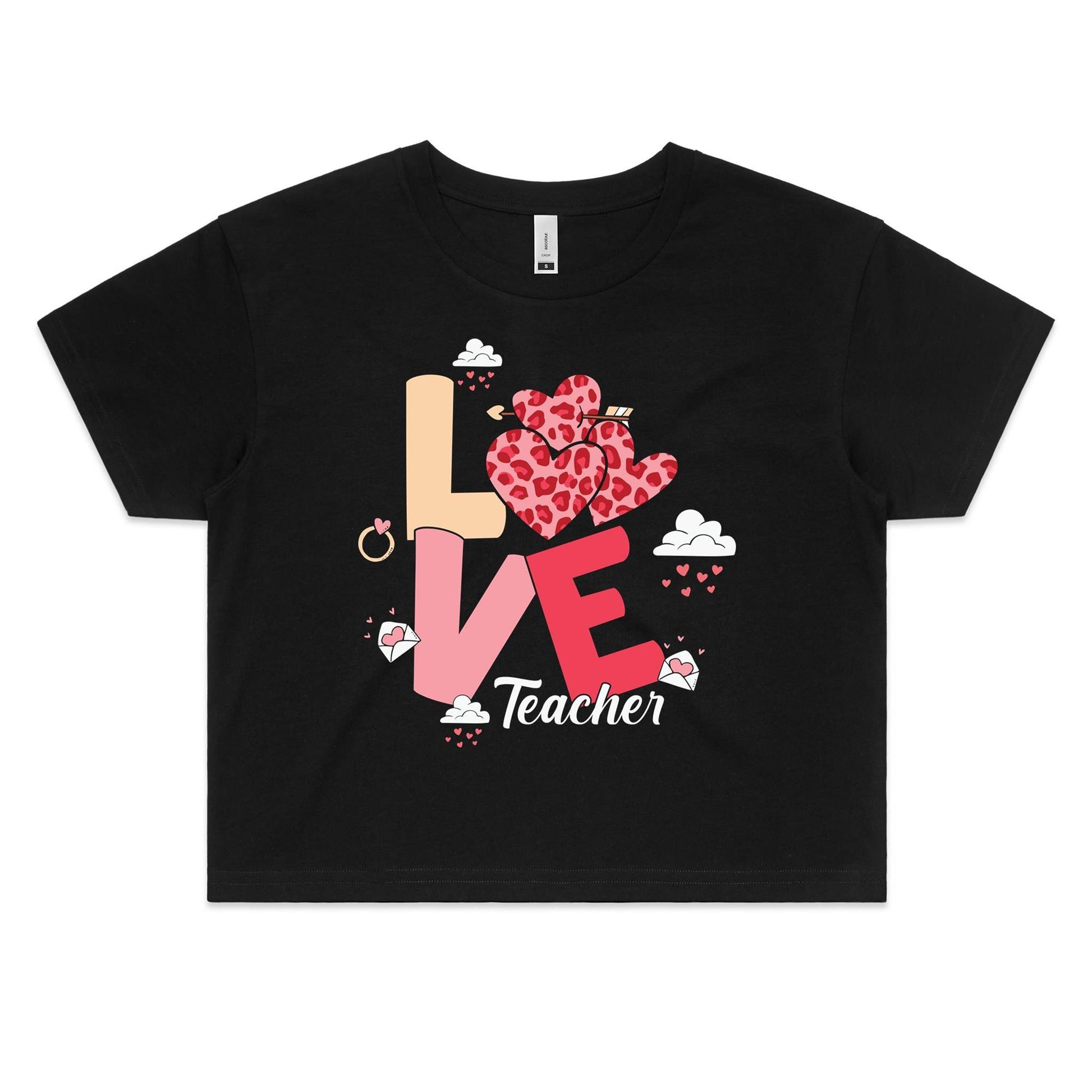 Love Teacher Women's Cotton Crop Tee - Gift for Teachers - Da Boss Mango AU - Black