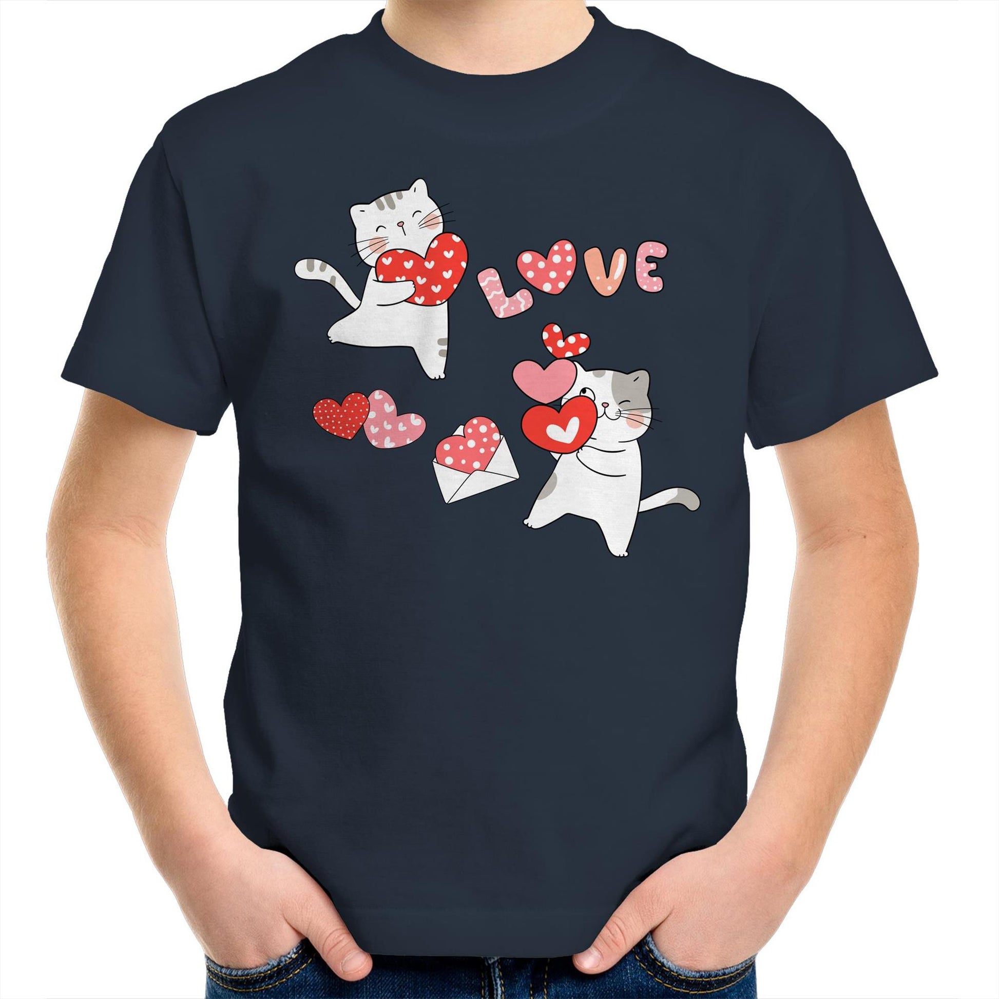 Cute Cat Couple Valentine Kids Youth Crew Cotton T-Shirt - Size 2, 4, 6, 8, 10, 12, 14 - Da Boss Mango AU - Navy