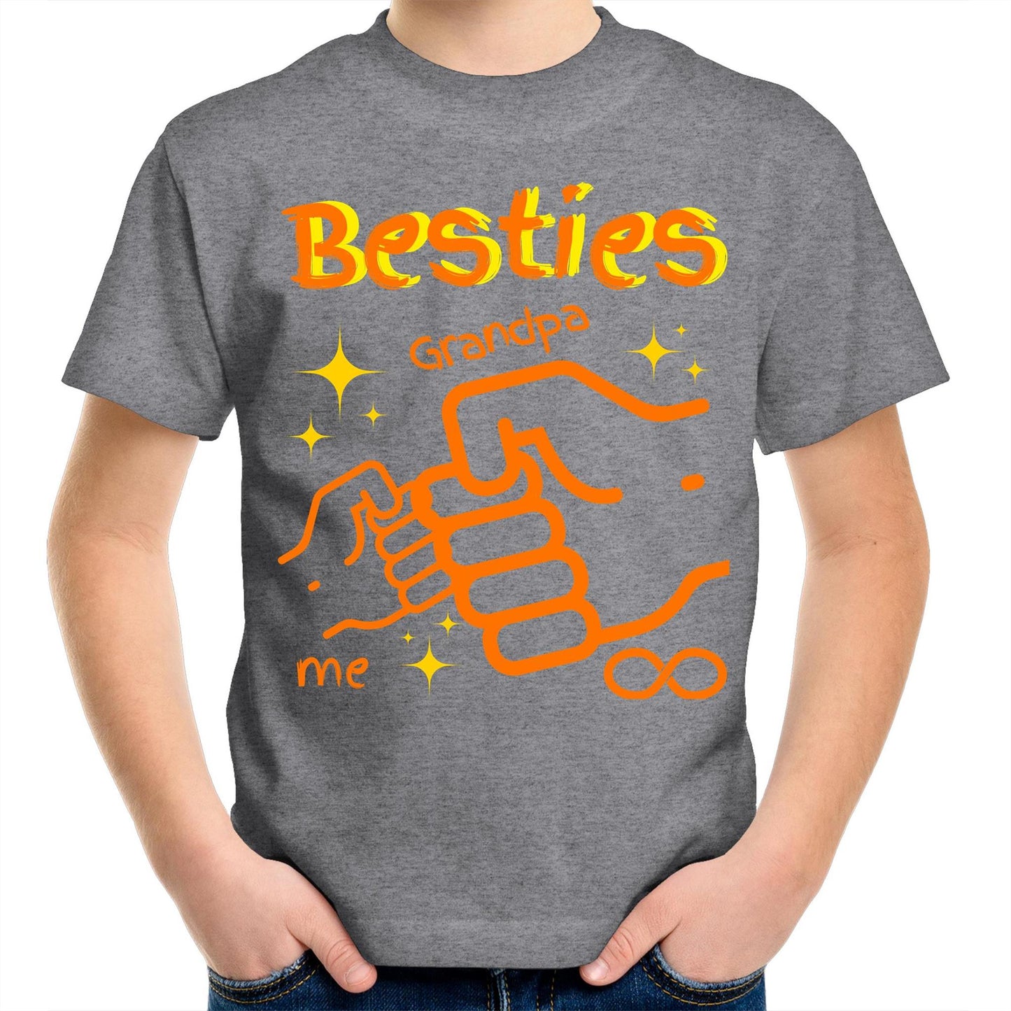 "Besties Me & Grandpa" Kids Youth Crew T-Shirt for Boys - Size 2, 4, 6, 8, 10, 12, 14 - Da Boss Mango AU - Grey Marle