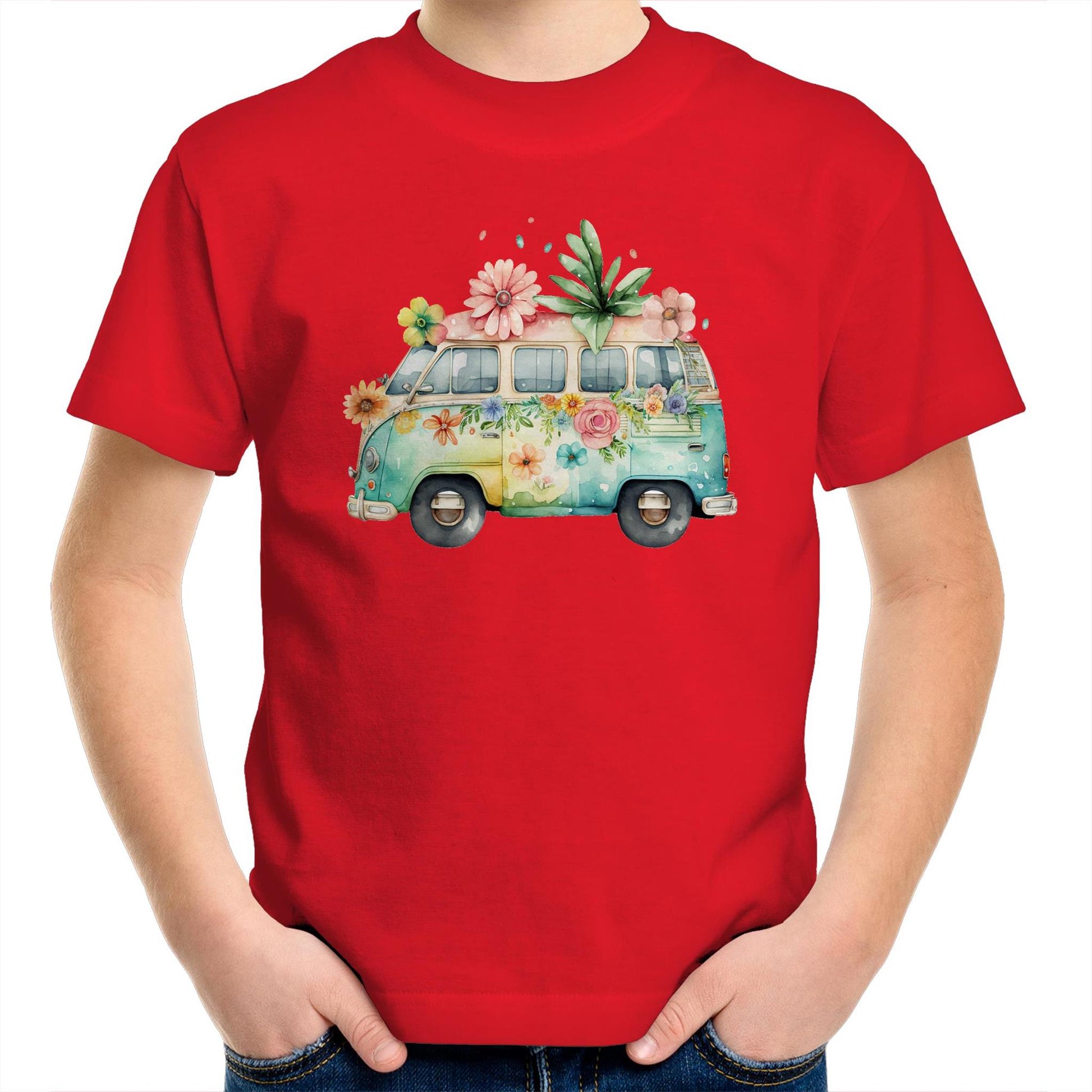 Happy Retro Camping Car Kids Youth Crew Cotton T-Shirt for Girls - Size 2, 4, 6, 8, 10, 12, 14 - Da Boss Mango AU - Red