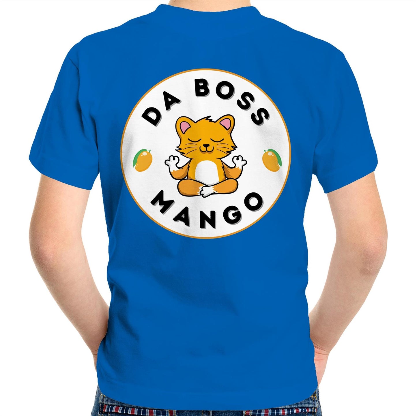 Da Boss Mango Kids Youth Crew Cotton T-Shirt Logo on back - Size 2, 4, 6, 8, 10, 12,14 - Da Boss Mango AU - Bright Royal Blue