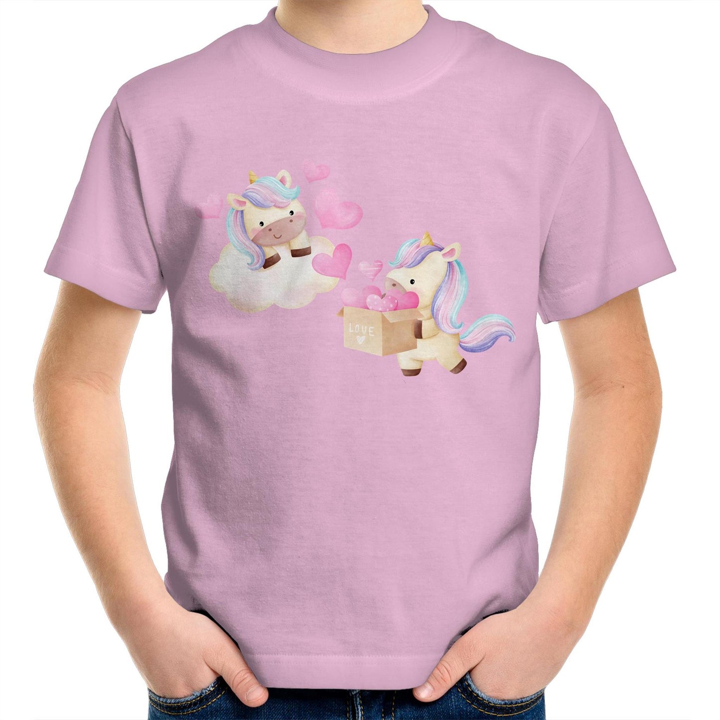 Kawaii Unicorn Valentine Cute Kids Youth Crew Cotton T-Shirt - Size 2, 4, 6, 8, 10, 12, 14 - Da Boss Mango AU - Pink