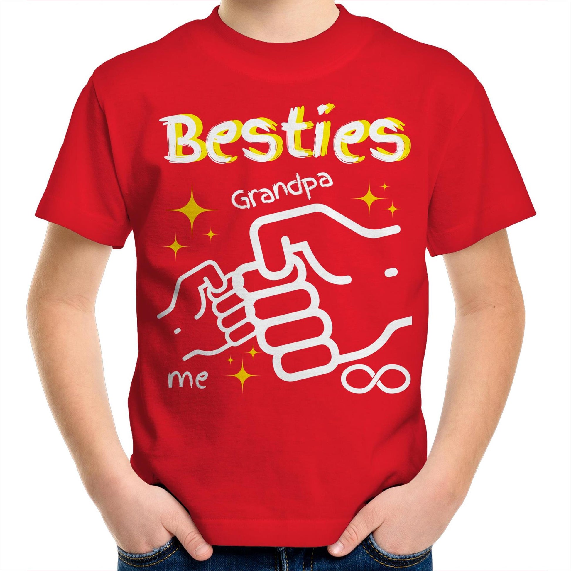 "Besties Me & Grandpa" Kids Youth Crew Cotton T-Shirt for Boys - Size 2, 4, 6, 8, 10, 12, 14 - Da Boss Mango AU - Red