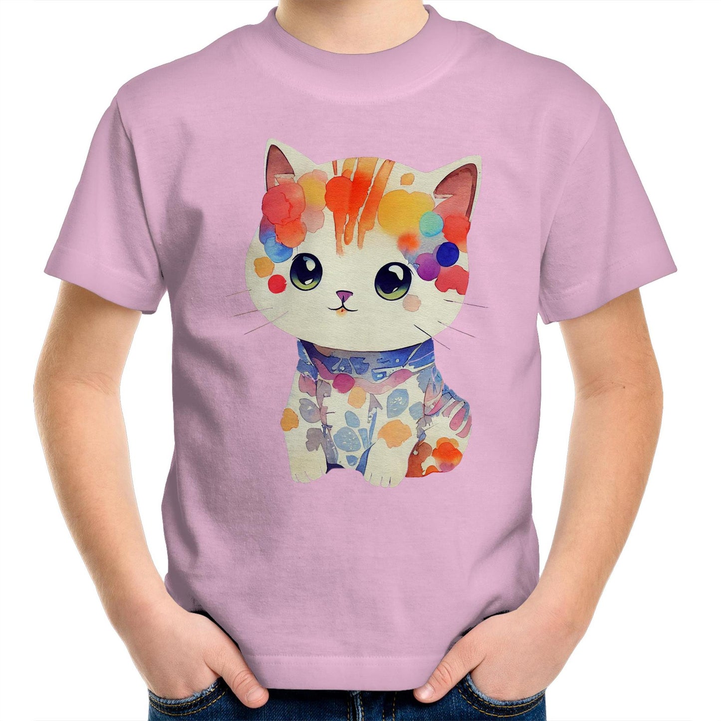 Cute Kitten in Watercolour Kids Youth Crew Kawaii Cotton T-Shirt - Size 2, 4, 6, 8, 10, 12, 14 - Da Boss Mango AU - Pink