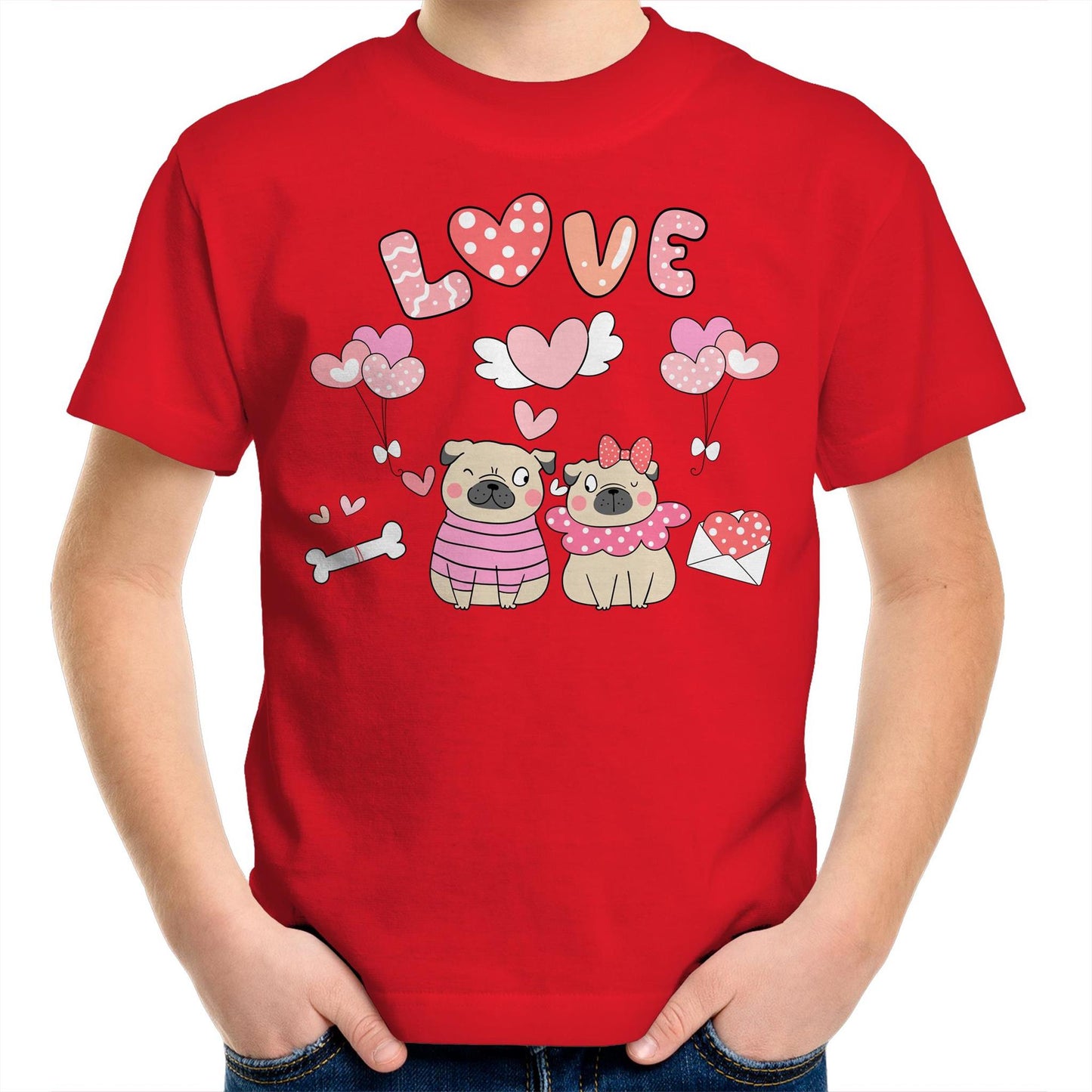 Kawaii Pug Couple Valentine Kids Youth Cotton Crew T-Shirt - Size 2, 4, 6, 8. 10, 12, 14 - Da Boss Mango AU - Red