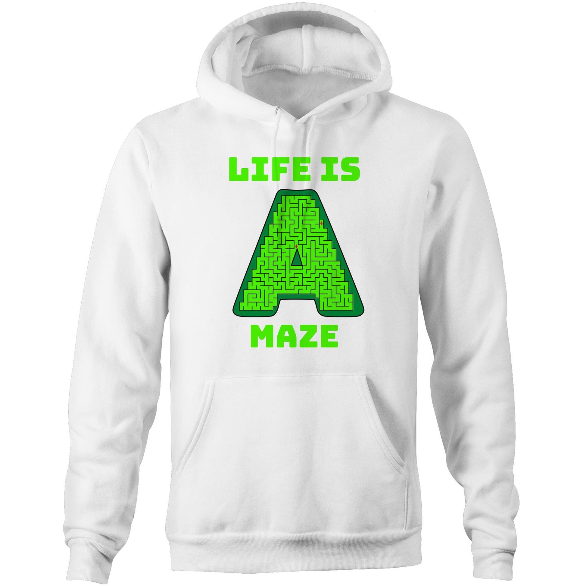 "Life is A Maze" Unique Playful Unisex Pocket Hoodie Sweatshirt Pullover for Men and Women - Da Boss Mango AU - White