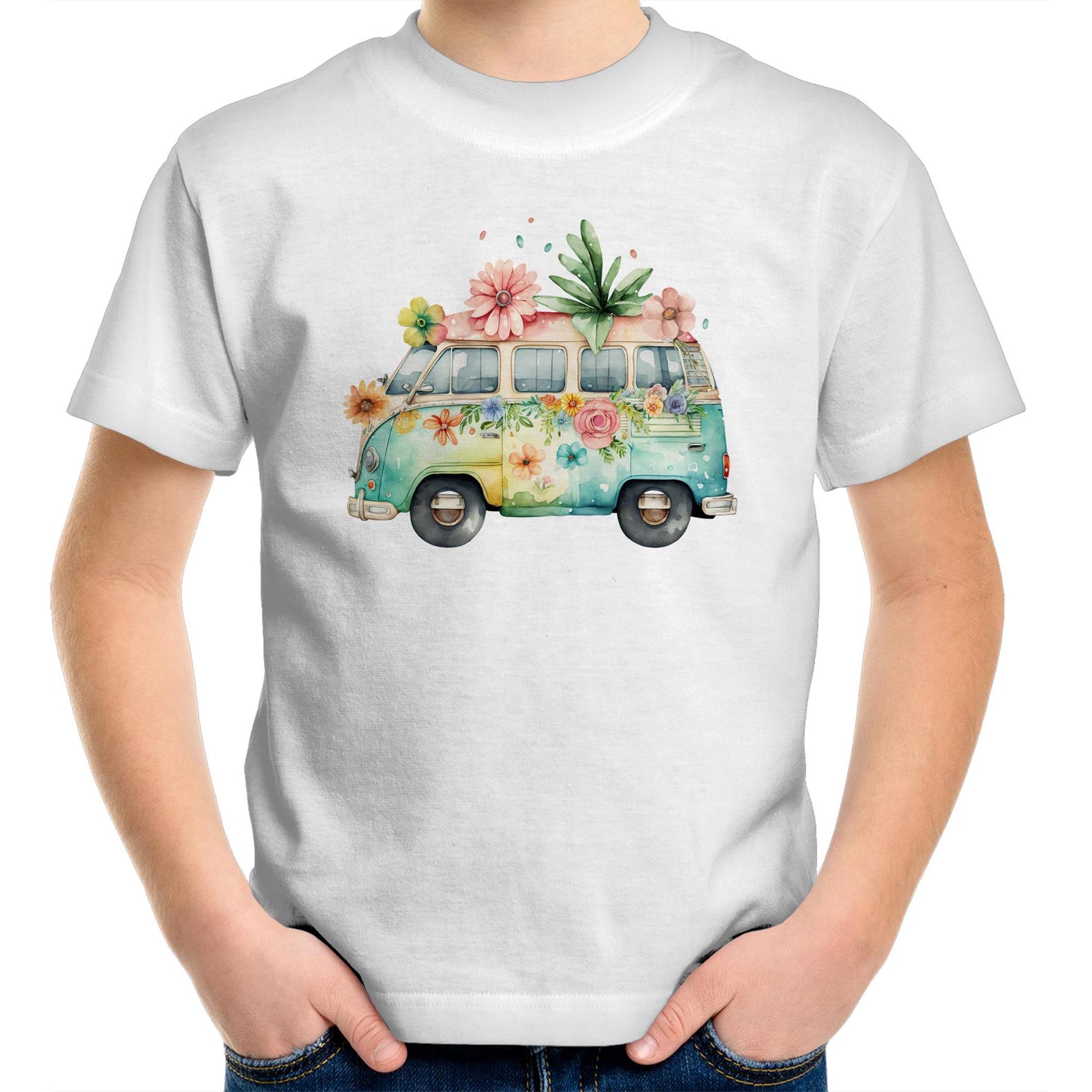 Happy Retro Camping Car Kids Youth Crew Cotton T-Shirt for Girls - Size 2, 4, 6, 8, 10, 12, 14 - Da Boss Mango AU - White