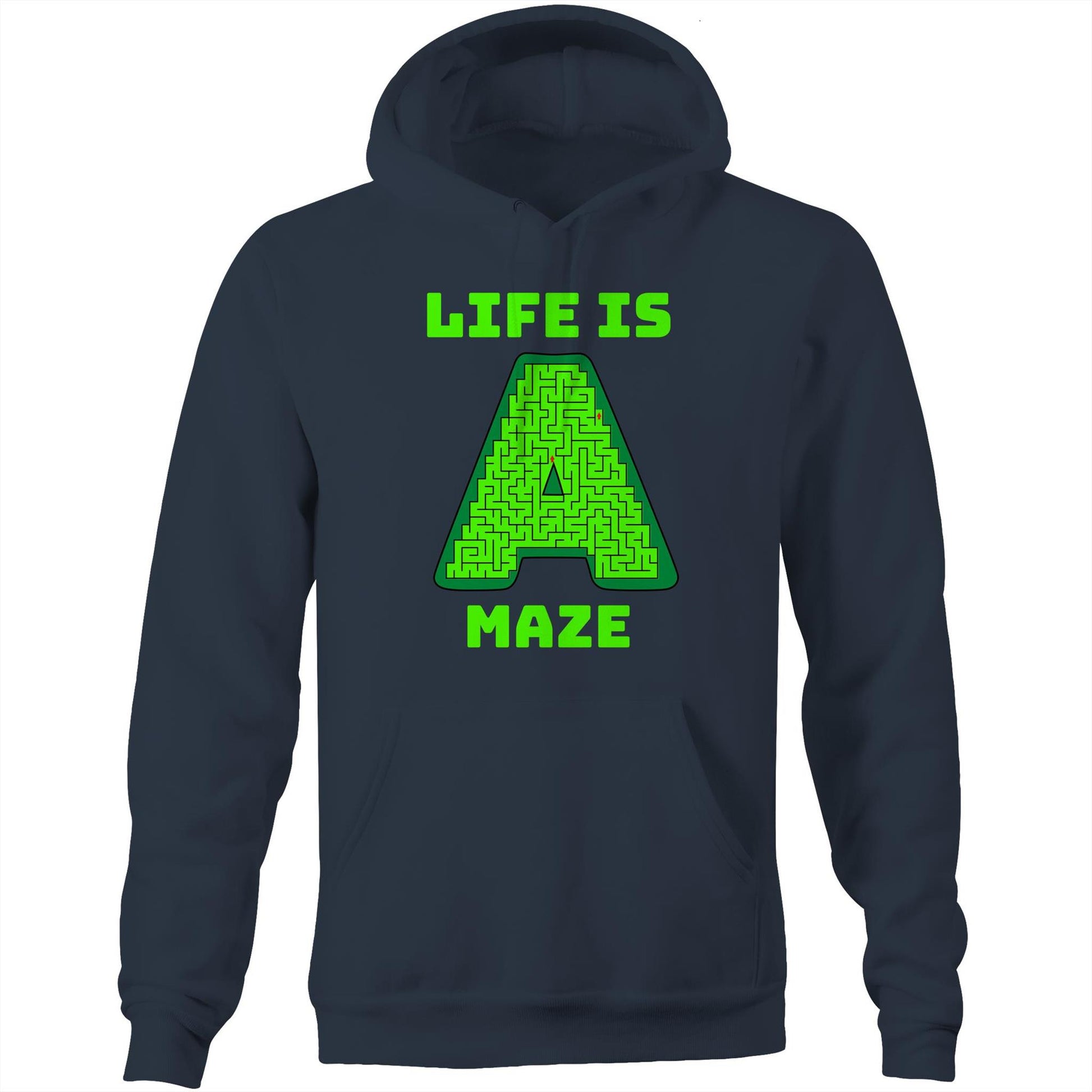 "Life is A Maze" Unique Playful Unisex Pocket Hoodie Sweatshirt Pullover for Men and Women - Da Boss Mango AU - Navy